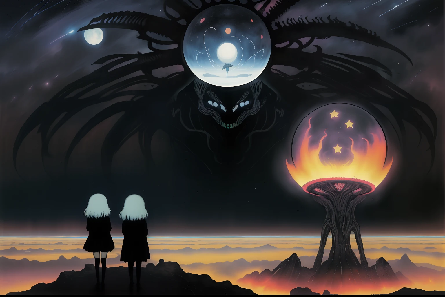 (superflat, flat shading, flat colors:1.1), 2girls, (schoolgirls), (tv sets), cyberpunk, zdzislaw beksinski, jacek yerka, hr giger, kazimir malevich, march, starry skies, cosmos, fire, tribal, dark