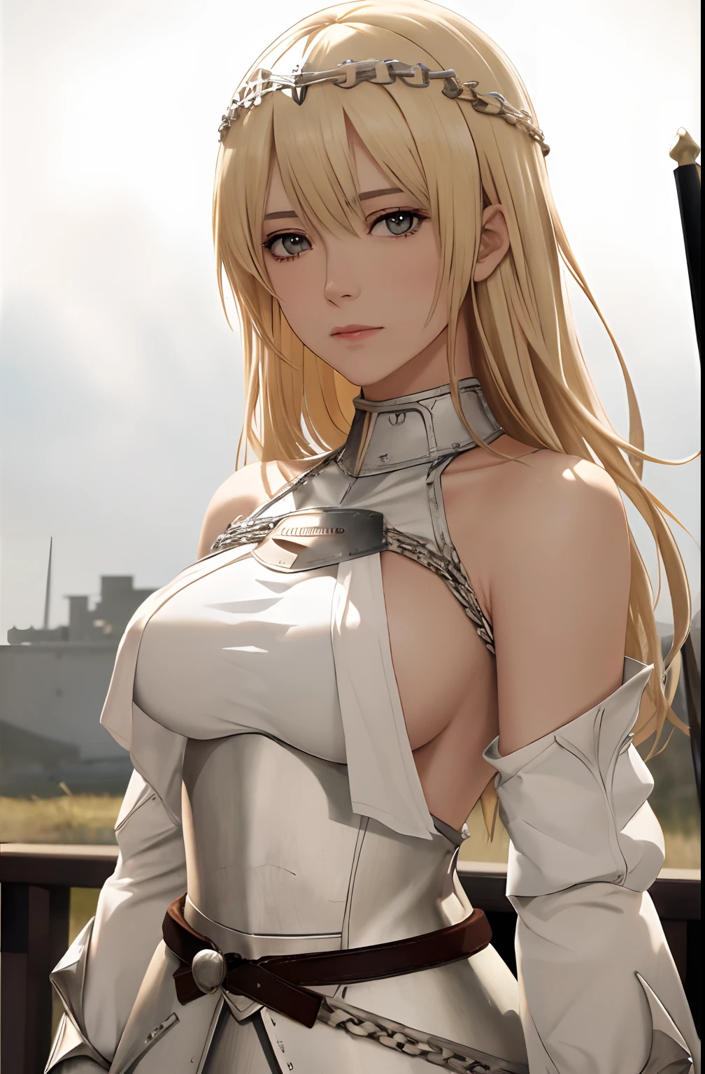 best quality, masterpiece,highly detailed,anime,1girl, adult face, mature face, mature female, mature woman, mature beauty, adult blonde, mature blonde,upper body,(jeanne d'arc),medium breasts,perfect face,blond hair,long hair,(white clothes),(bare shoulder),armored dress,no armor on breasts,breasts covered by white clothes from above,chain,headwear,flag,battlefield in background,depth of field,looking at viewer,cinematic lighting,