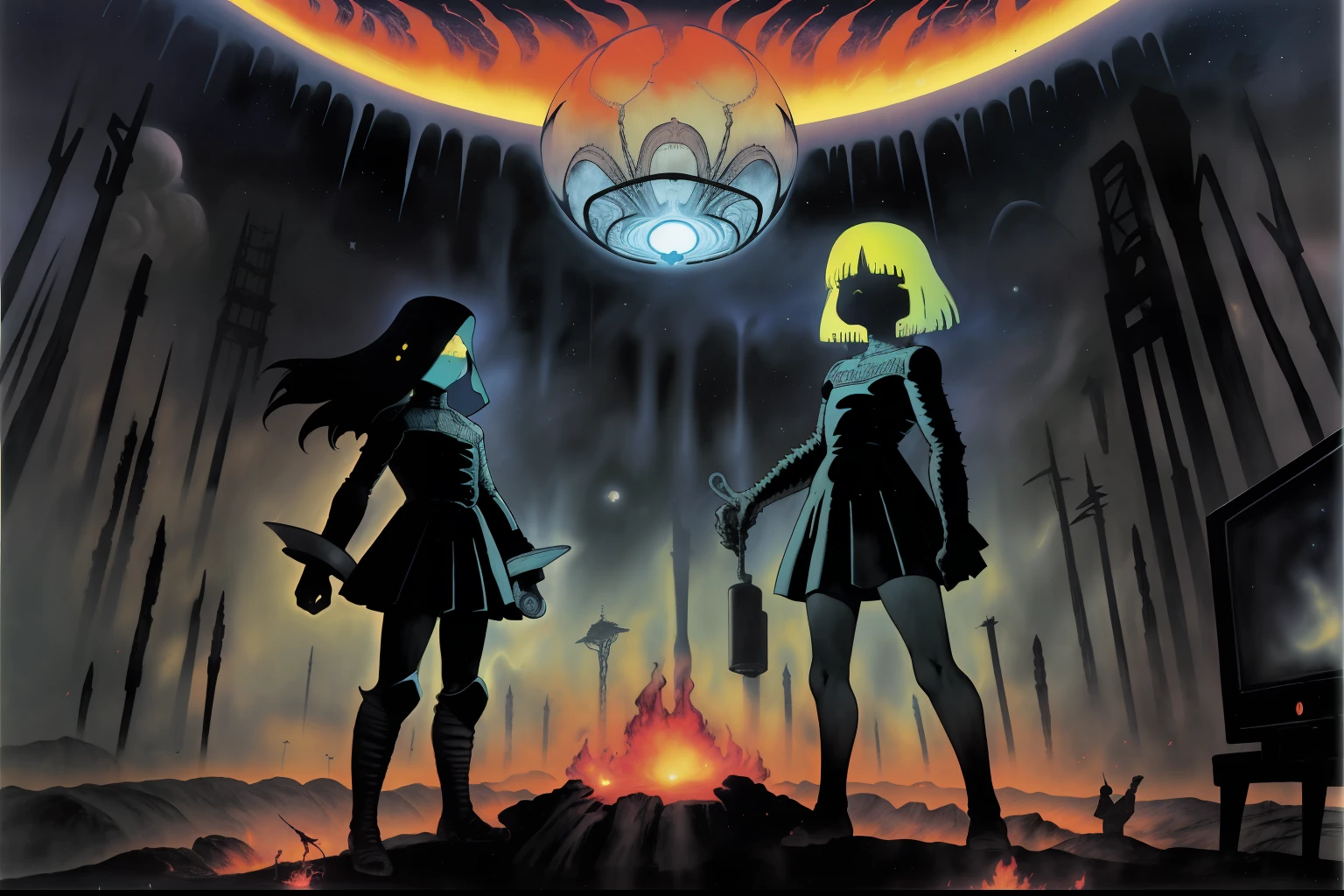 (superflat, flat shading, flat colors:1.1), 2girls, (schoolgirls), (tv sets), cyberpunk, zdzislaw beksinski, jacek yerka, hr giger, kazimir malevich, march, starry skies, cosmos, fire, tribal, dark