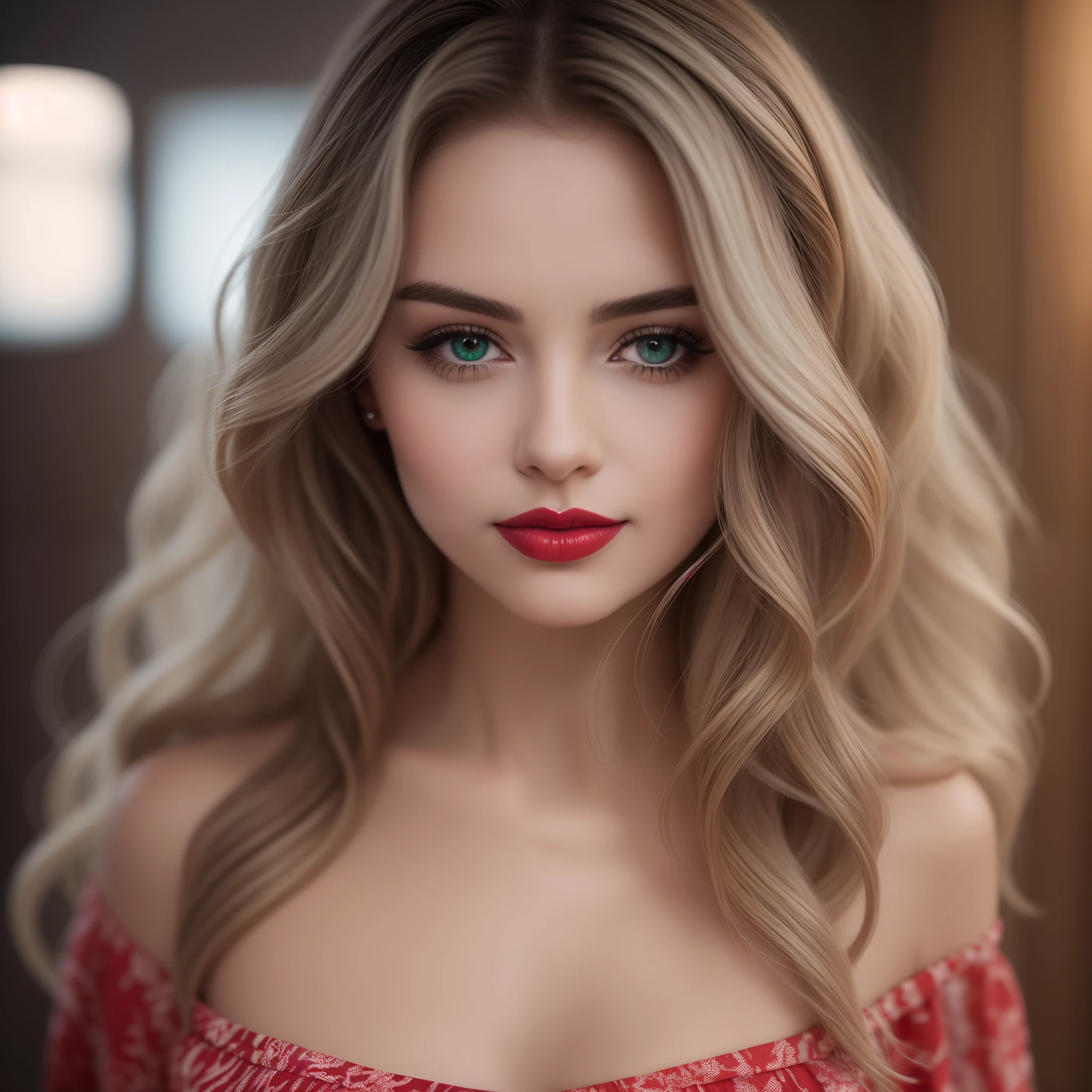 Young and beautiful woman, hair light, which fall gently in waves up to the shoulders, Average height, large tities, green colored eyes, light skin, She's in her pajamas, She's in her bed, Hair care before going to bed, The environment is illuminated by lights of warm and pleasant colors, making your hair shine, His face is naturally serene, Lips with red lipstick, Текстура 8K, higly detailed, realisti, soft cinematic light, HDR, Clear Focus, tmasterpiece, Photorealistic, award-winning photo, Canon EOS R5, 35 mm