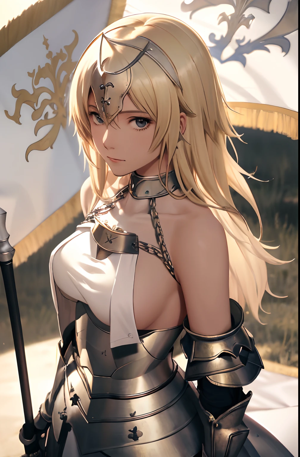 best quality, masterpiece,highly detailed,anime,1girl, mature female, adult blonde, upper body,(jeanne d'arc),medium breasts,perfect face,blond hair,long hair,(white clothes),(bare shoulder),armored dress,no armor on breasts,breasts covered by white clothes from above,chain,headwear,flag,battlefield in background,depth of field,looking at viewer,cinematic lighting,