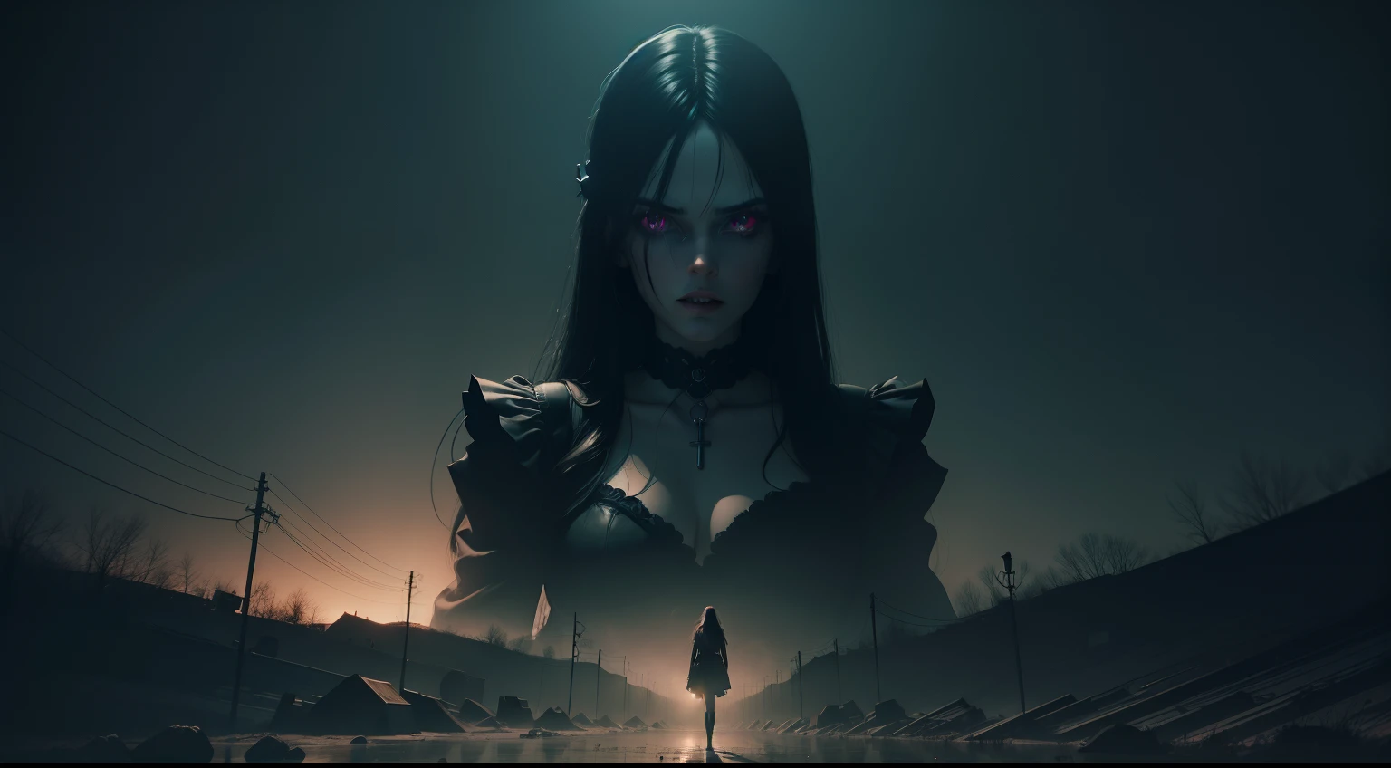 a youtube banner, dark art horror creepy scenario, sexy lady, landscape, night city, darkness, obscure, 4k
