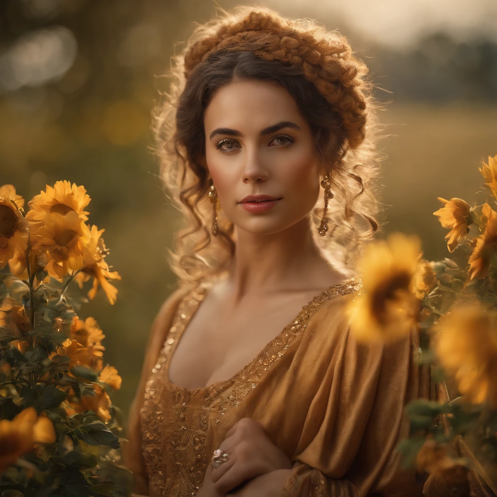 (best quality,4k,8k,highres,masterpiece:1.2),ultra-detailed,(realistic,photorealistic,photo-realistic:1.37),Classic,Amazing,beautiful detailed eyes,beautiful detailed lips,extremely detailed eyes and face,long eyelashes,oil painting style,canvas texture,old-fashioned dress,golden lighting,garden scenery,colorful flowers,romantic atmosphere,vintage colors,soft sunlight,serene expression,graceful pose