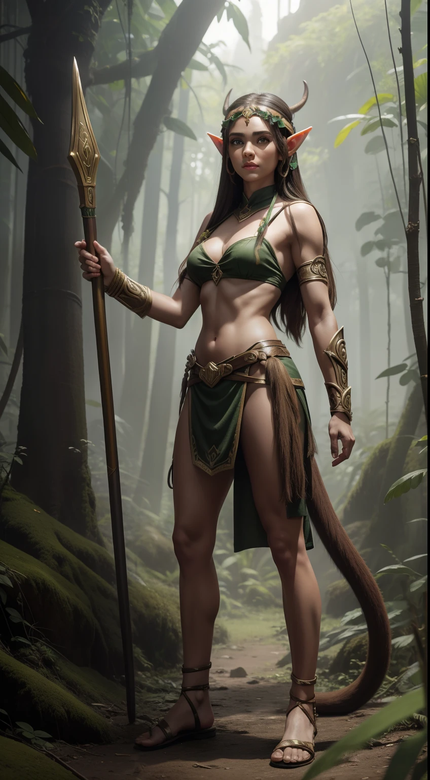 (masterpiece, highest quality, Realistic, High resolution, photograph, :1.3), Sharp focus, beautiful Femail warrior, perfect beautiful face, long hair, voluptuous body, Abs, muscle, bikini armor, loincloth, cloak, standing pose, in dark forest, ((whole body shot)), full body,