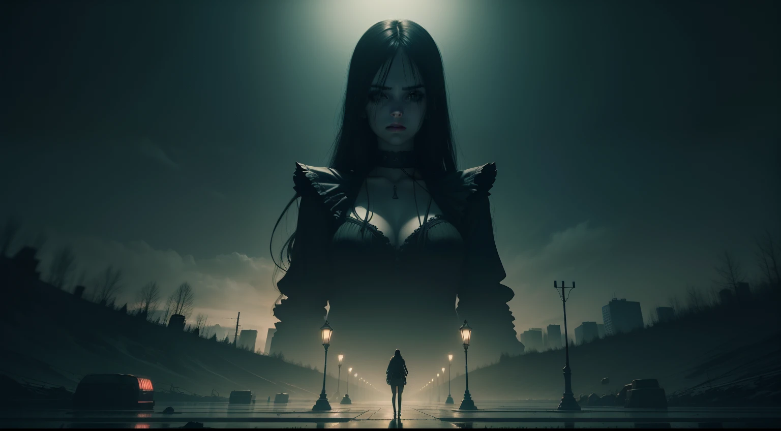 a youtube banner, dark art horror creepy scenario, sexy lady, landscape, night city, darkness, obscure, 4k