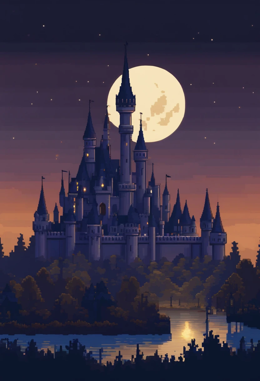 Pixel art of a castle with towers being built, in the background a full moon on a clear night that fills the entire scene with a bluish tone, beautiful detailed pixel art, detailed pixel art, lo-fi retro video game, pixel art concept, detailed pixel art, pixel art style, pixel city, pixel art animation, high-quality pixel art, #pixelart:3, #pixelart, #pixelart