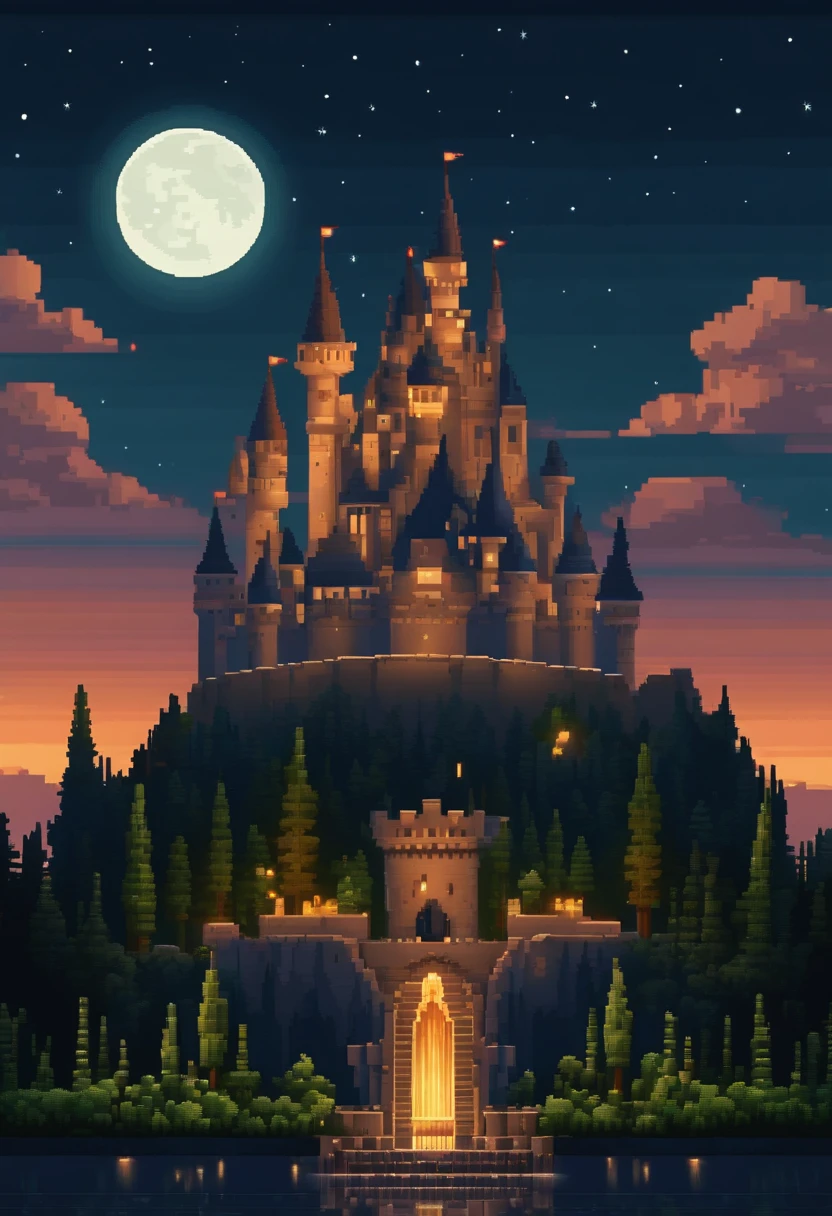 Pixel art of a castle with towers being built, in the background a full moon on a clear night that fills the entire scene with a bluish tone, beautiful detailed pixel art, detailed pixel art, lo-fi retro video game, pixel art concept, detailed pixel art, pixel art style, pixel city, pixel art animation, high-quality pixel art, #pixelart:3, #pixelart, #pixelart