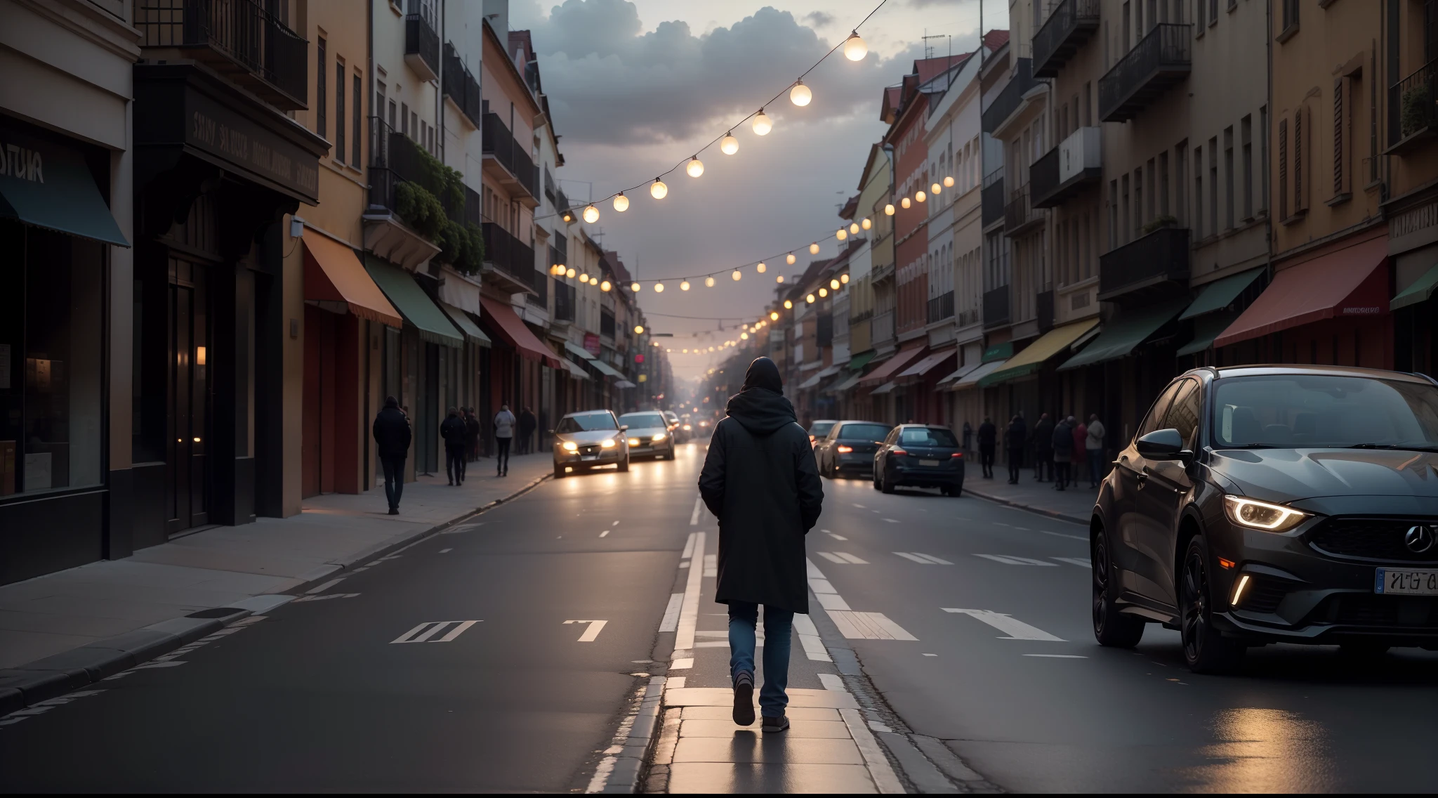 Dsdsd Uma cena noturna se projeta diante dos olhos, com uma ampla rua que se estende ao longe. The darkness of the night envelops the landscape, enquanto a rua, iluminado por dim, spaced lights, revela sua amplitude. there is a sign of human and vehicle movement, creating a sense of tranquility and loneliness. No meio da rua tem uma pessoa parada de costas. The tall buildings and shops that line the street look like dark silhouettes against the night sky. Its windows are illuminated by a soft and welcoming light, casting a comforting glow into the surrounding darkness. The poles scattered along the path create diffuse lighting, Revealing small portions of asphalt pavement. A rua parece agitada com o vai e vem dos carros e pessoas vindo no sentido contraria da pessoa, People are facing each other, em suas vidas, conversando na ampla rua, The silence is palpable, permitindo que a serenidade da noite tome conta. The person in the middle of the street seems this calm and serene as the street churns with the movement around. People coming in the opposite direction are without definition, with blur in the eyes. The image captures the loneliness and calm of the person in the middle of the street, where the wide street becomes a space of contemplation and tranquility. It's an invitation to the main character's loneliness, ( melhor qualidade) ((high solution)) ,(( foto realista)) , (foco nítido) atmosfera acolhedora, extremely high-resolution, hiper detalhado,4k ,vray render, octan render, hyper realistic, especialista em fotografia, fotografia profissional, tiro grande angular , ultra detalhe , extremely high-resolution