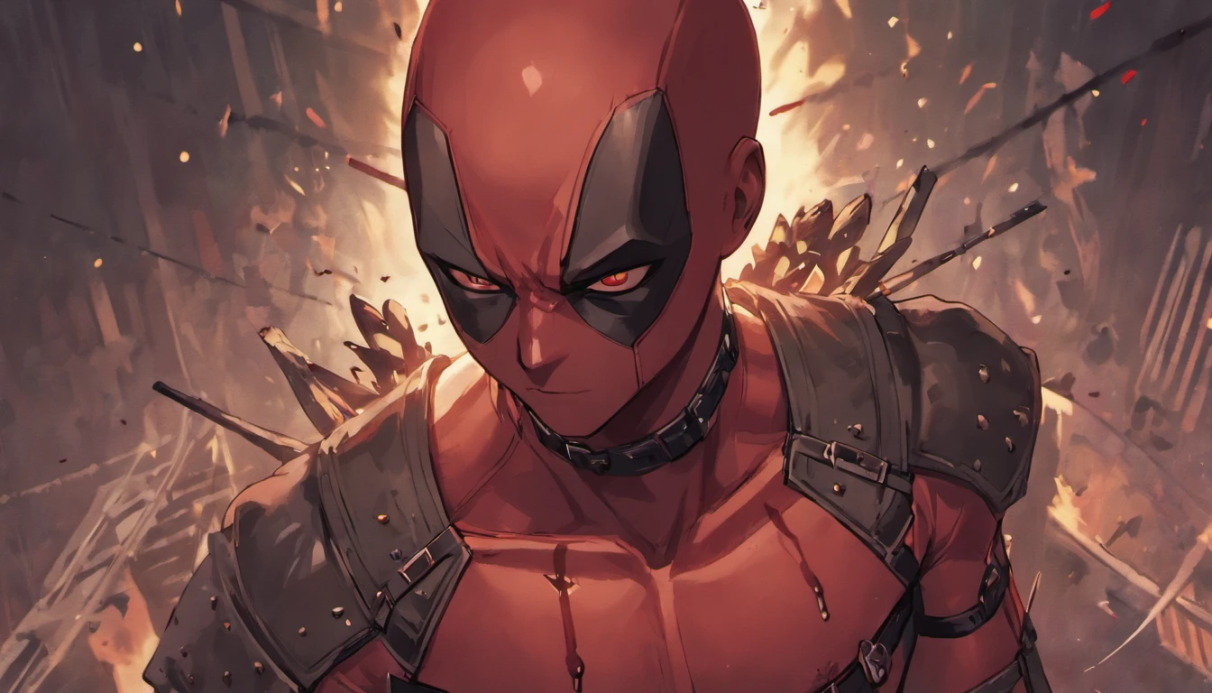 "Deadpool Viking , Sorriso esquerdo, blood tears, sombrio, qualidade excepcional, multiple facial scars, armadura viking das trevas, Gothic style." escala de cinza