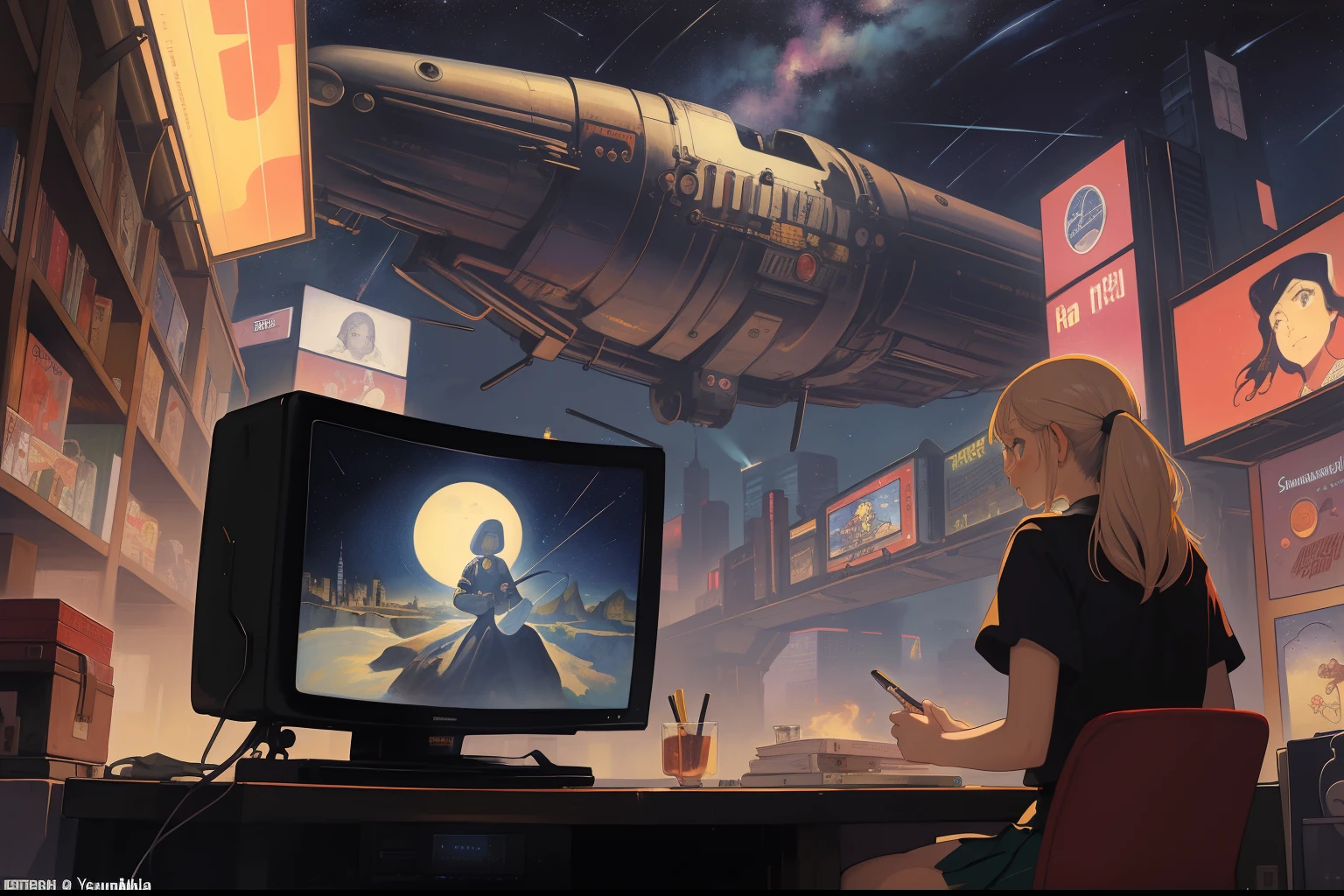 masterpiece, best quality, 2girls, (schoolgirls), (tv sets), cyberpunk, salvador dali, jacek yerka, andy warhol, kazimir malevich, march, starry skies, cosmos, tribal,