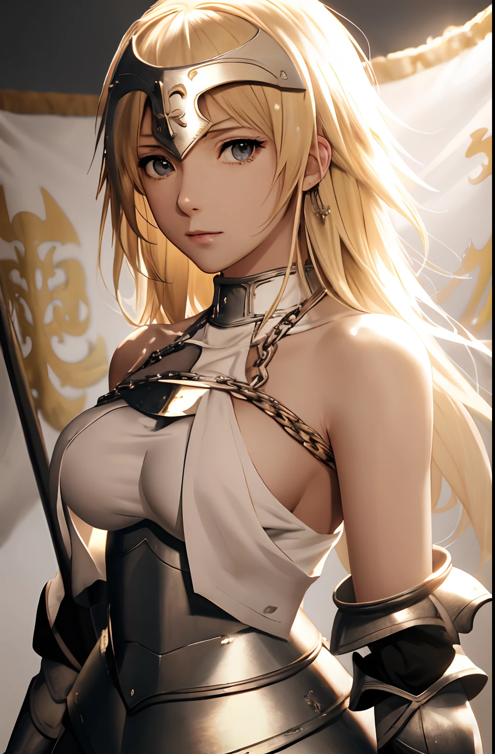 best quality, masterpiece,highly detailed,anime,1girl, mature female, adult blonde, upper body,(jeanne d'arc),medium breasts,perfect face,blond hair,long hair,(white clothes),(bare shoulder),armored dress,no armor on breasts,breasts covered by white clothes from above,chain,headwear,flag,battlefield in background,depth of field,looking at viewer,cinematic lighting,