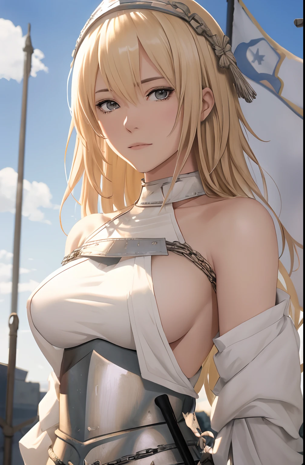 best quality, masterpiece,highly detailed,anime,1girl, adult face, mature face, mature female, mature woman, mature beauty, adult blonde, mature blonde,upper body,(jeanne d'arc),medium breasts,perfect face,blond hair,long hair,(white clothes),(bare shoulder),armored dress,no armor on breasts,breasts covered by white clothes from above,chain,headwear,flag,battlefield in background,depth of field,looking at viewer,cinematic lighting,