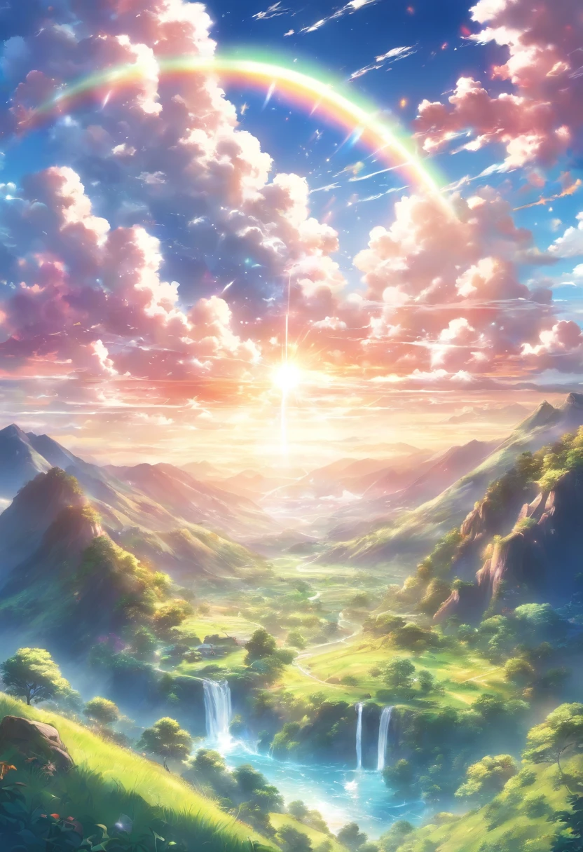 a beautiful landscape, vibrant colors, bright sunlight, rainbow, fluffy white clouds, lush green meadows, sparkling river, majestic mountains