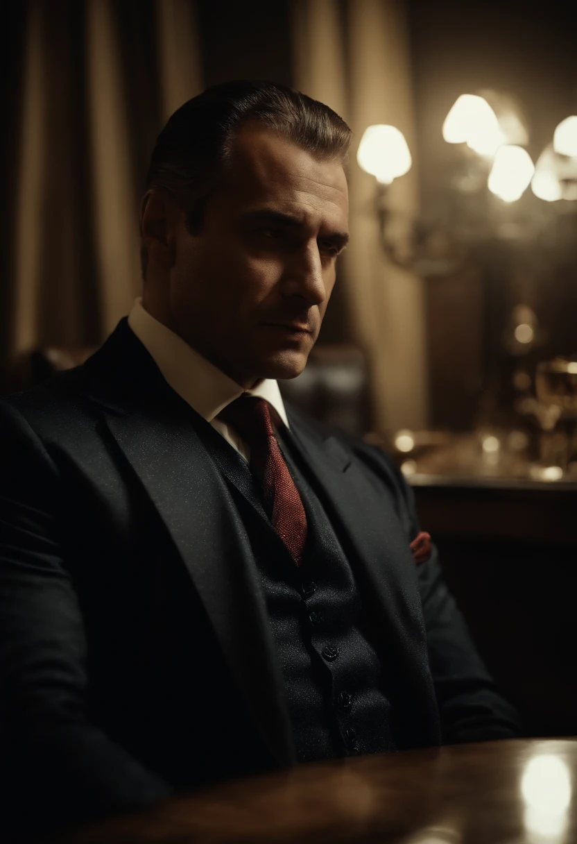 homem mafioso russo clima escuro noite drama imponente terno forte