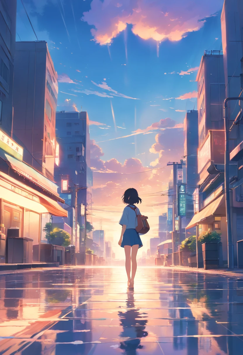 landscape,beautiful detailed character design,scenic skies and clouds,dreamy atmosphere,natural flowing water,captivating city lights,emotional storytelling,soft pastel colors,ethereal tones,and mesmerizing background score