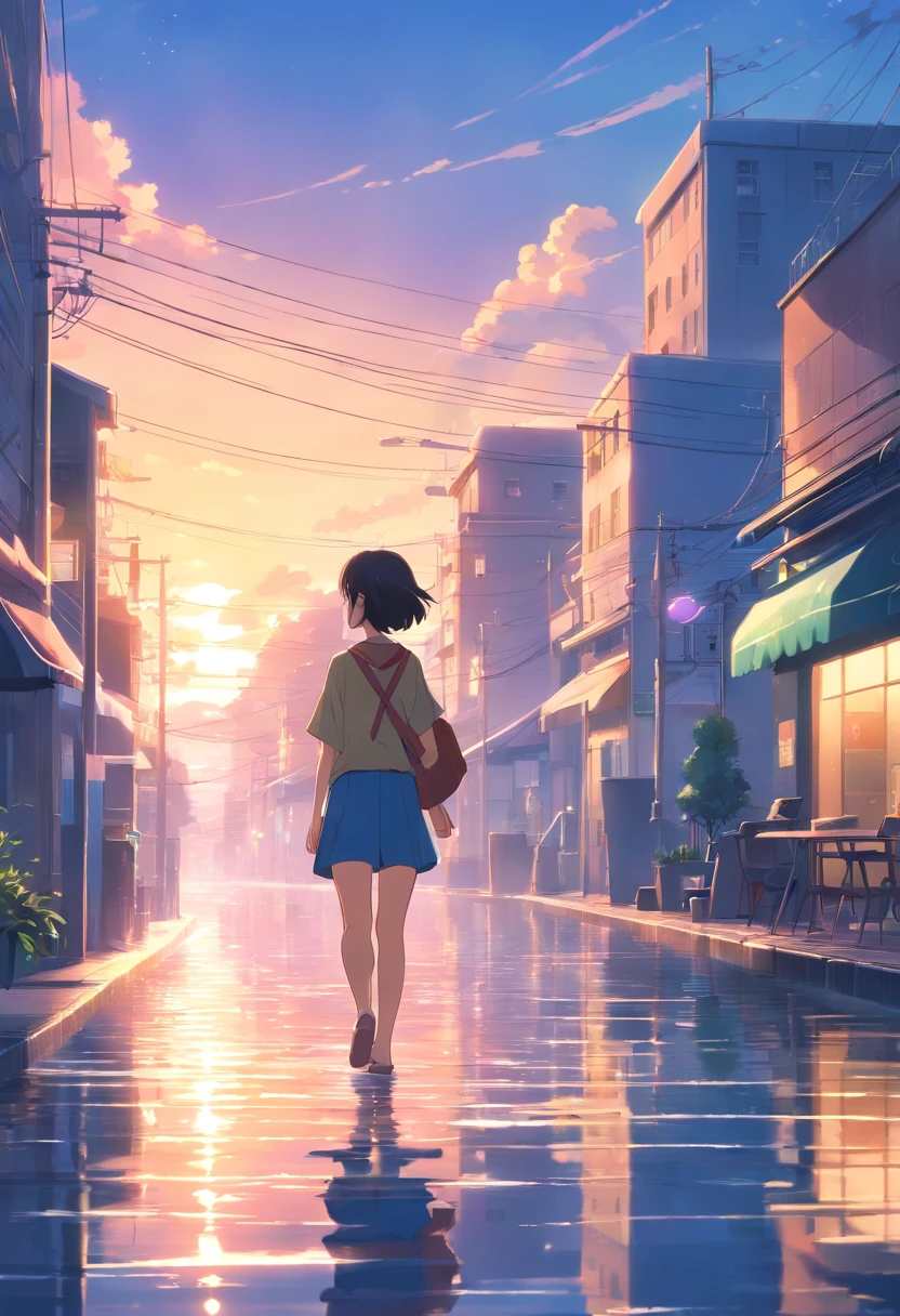 landscape,beautiful detailed character design,scenic skies and clouds,dreamy atmosphere,natural flowing water,captivating city lights,emotional storytelling,soft pastel colors,ethereal tones,and mesmerizing background score