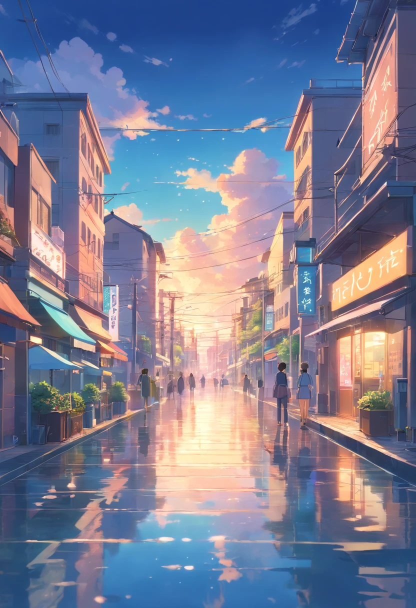 landscape,beautiful detailed character design,scenic skies and clouds,dreamy atmosphere,natural flowing water,captivating city lights,emotional storytelling,soft pastel colors,ethereal tones,and mesmerizing background score