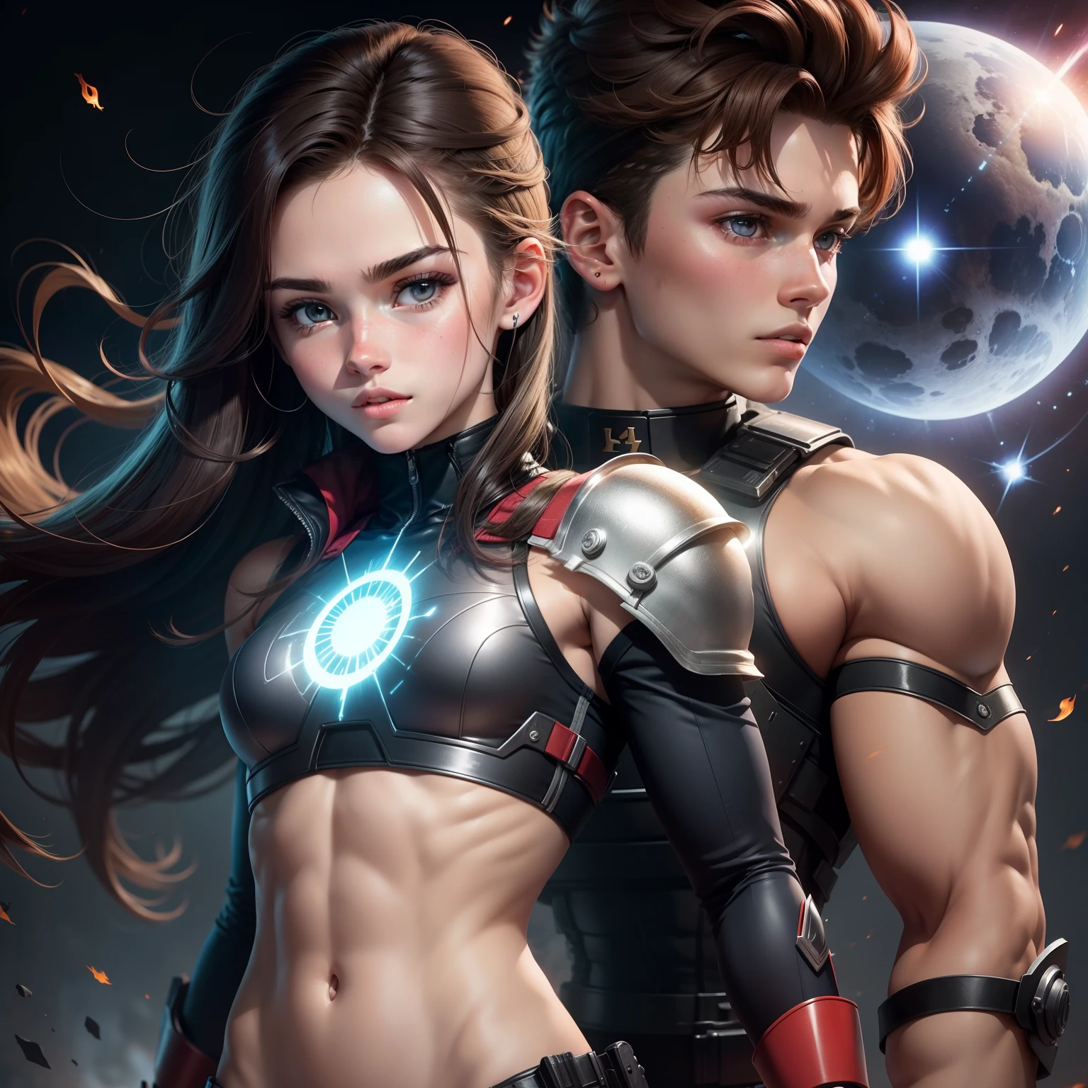 um close up de um garoto de , with an athletic body and firepower, accompanied by a girl with psychic powers.