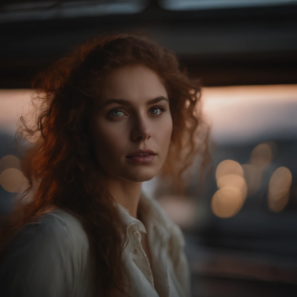 ((Masterpiece), best quality, HDR,UHD,8K), life-like realistic portrait of a beautiful sad girl with green eyes , curly red hair, white skin, feeling sadly with tears in her eyes, a black bracelet on her hand ,full body, standing on roof of a high apartment with a view of a big city, a light breeze, late at night ,dark sky, hyper resolution, extremely detailed , beautiful eyes, cute