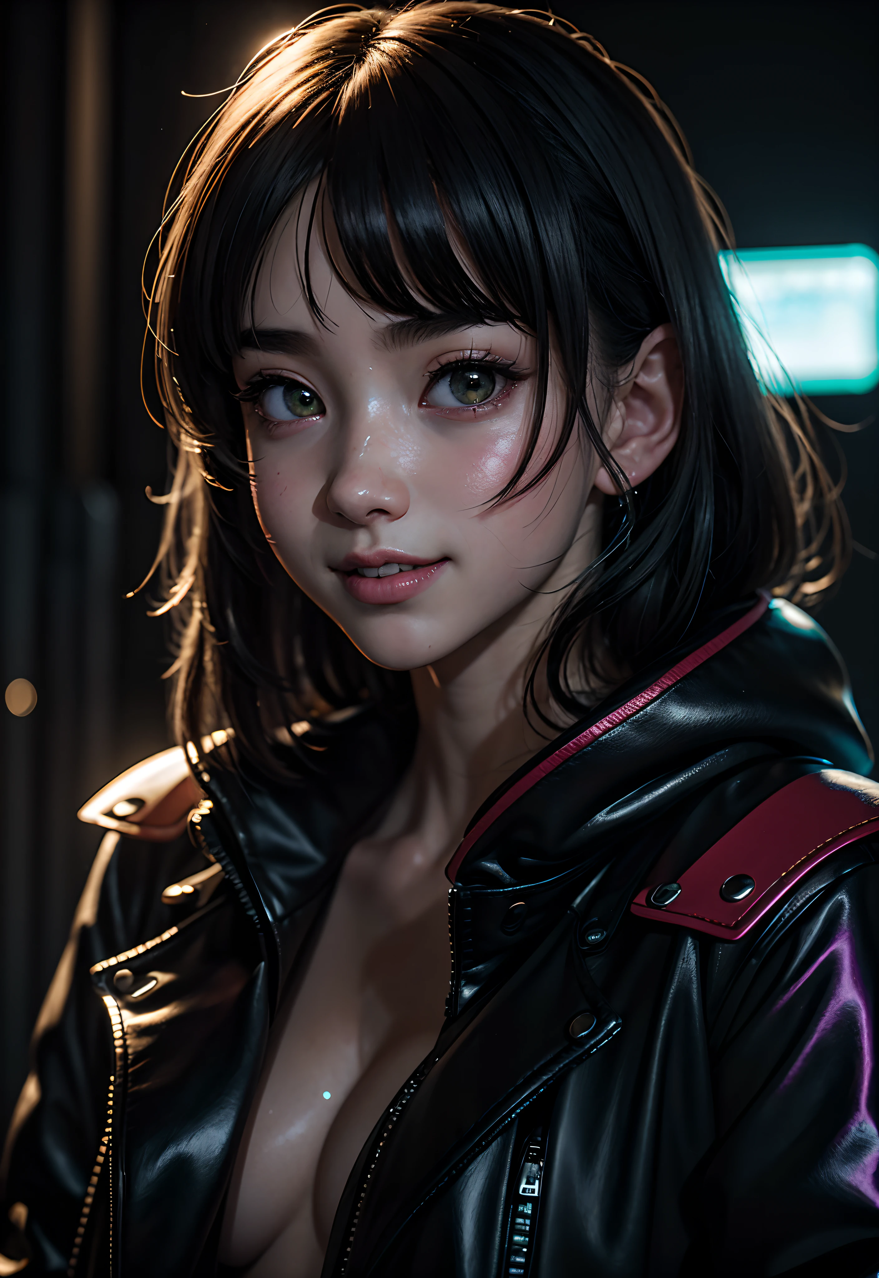 masterpiece, best quality, half body, portrait, night city, 1girl, anime, 3D, Japan, pixar, realistic, girl, smiling, cute face, harajuku fashion style, rain coat, beautiful, colourful, neon lights, cyberpunk, smooth skin, illustration, artstation, painting by stanley artgerm lau, sideways glance, foreshortening, extremely detailed 8K, smooth, high resolution, ultra quality, highly detail eyes, highly detail mouth, highly detailed face, perfect eyes, both eyes are the same, true light, glare, Iridescent, Global illumination, real hair movement, real light, real shadow, real face, hd, 2k, 4k, 8k, 16k, realistic light, realistic shadow, bright Eyes, fluorescent eyes, soft light, dream light