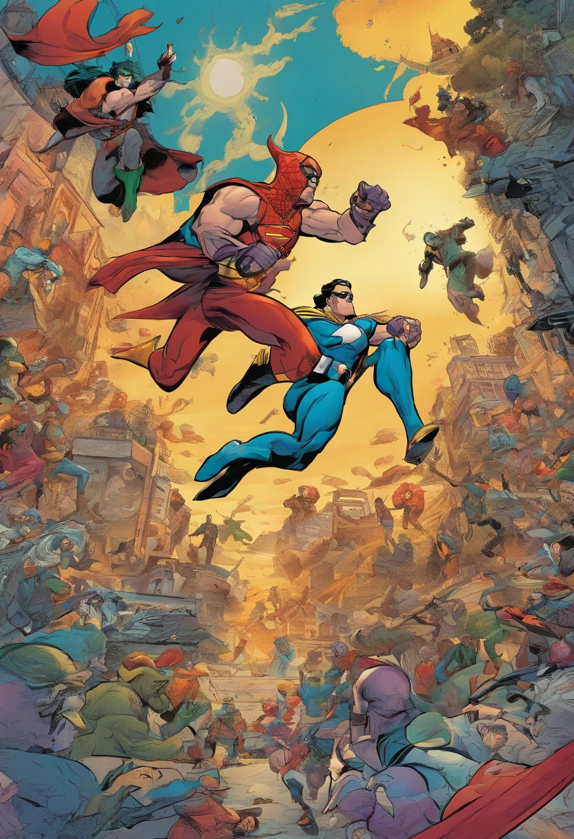 a vivid comic book art style, bright colors, dynamic action scenes, detailed and expressive characters, ink outlines, exaggerated poses, speech bubbles, onomatopoeic sound effects, thought bubbles, comic panel layout, dramatic lighting, vibrant backgrounds, intense emotions, superhero powers, comic book cover-worthy, visually stunning illustration, visually cinematic, iconic comic book references, retro and nostalgic vibes, visually impactful, visually engaging storytelling, larger-than-life scenes, dramatic perspective angles, visually immersive experience, action-packed sequences, visually appealing aesthetics, visually dynamic composition, visually striking visuals, visually captivating illustrations