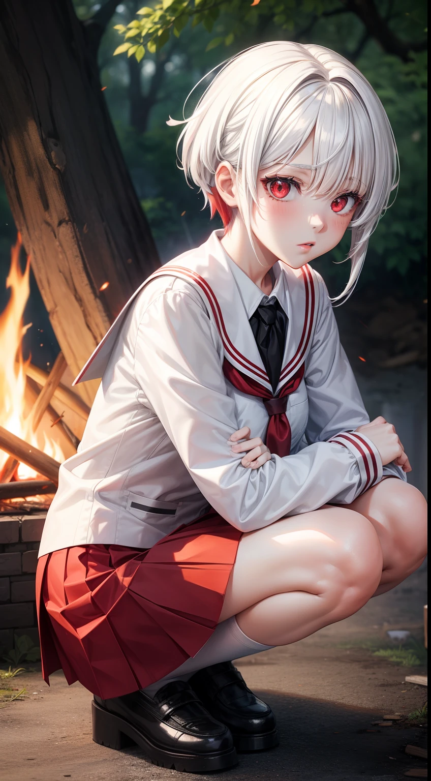 Anime girl, white hair, red eyes, school uniform, short skirt, full body, crouched next to a big campfire