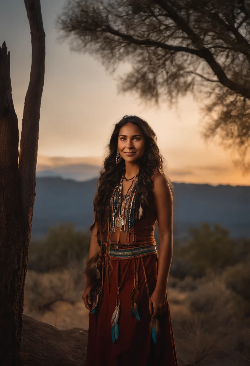 (grainy:0.5), cinematic, girl,native american,fantasy,(solo:1.3), detailed eyes, detailed face, detailed native american clothing , volumetric lighting, dusk, extremely detailed background, standing next to tree, smiling, half closed eyes, tilted head, from side