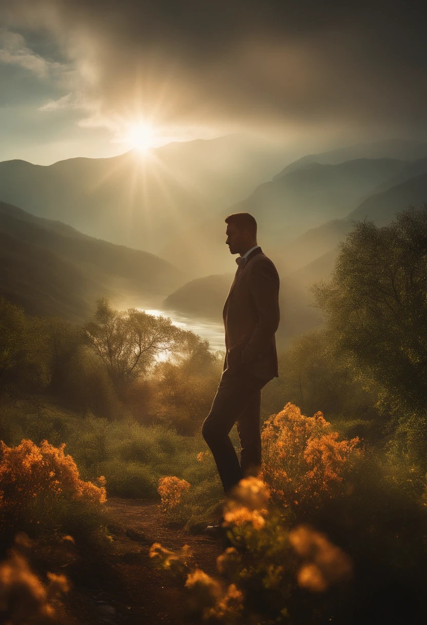 Create a compelling double exposure photograph that seamlessly combines the presence of a man and the wonders of nature. Capture the harmony between the human form and the natural world, using light and shadow to accentuate their connection and create a visually striking narrative.