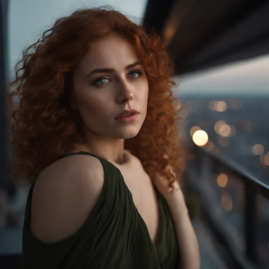 ((Masterpiece), best quality, HDR,UHD,8K), life-like realistic portrait of a beautiful sad girl with green eyes , curly red hair, white skin, feeling sadly with tears in her eyes, a black bracelet on her hand ,full body, standing on roof of a high apartment with a view of a big city, a light breeze, late at night ,dark sky, hyper resolution, extremely detailed , beautiful eyes, cute