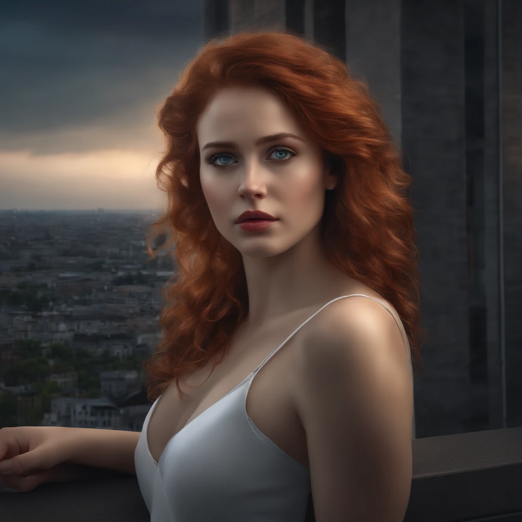 ((Masterpiece), best quality, HDR,UHD,8K), life-like realistic portrait of a beautiful sad girl with green eyes , curly red hair, white skin, feeling sadly with tears in her eyes, a black bracelet on her hand ,full body, standing on roof of a high apartment with a view of a big city, a light breeze, late at night ,dark sky, hyper resolution, extremely detailed , beautiful eyes, cute