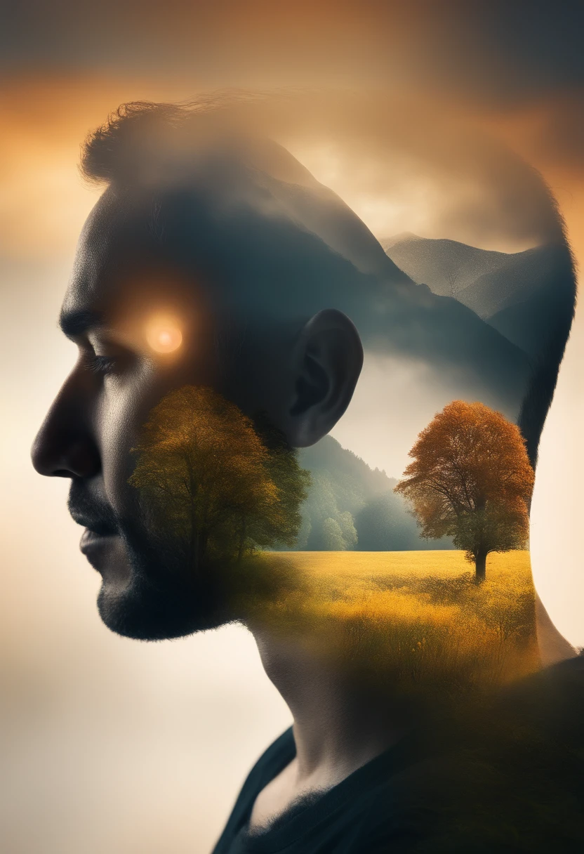 Create a compelling double exposure photograph that seamlessly combines the presence of a man and the wonders of nature. Capture the harmony between the human form and the natural world, using light and shadow to accentuate their connection and create a visually striking narrative.