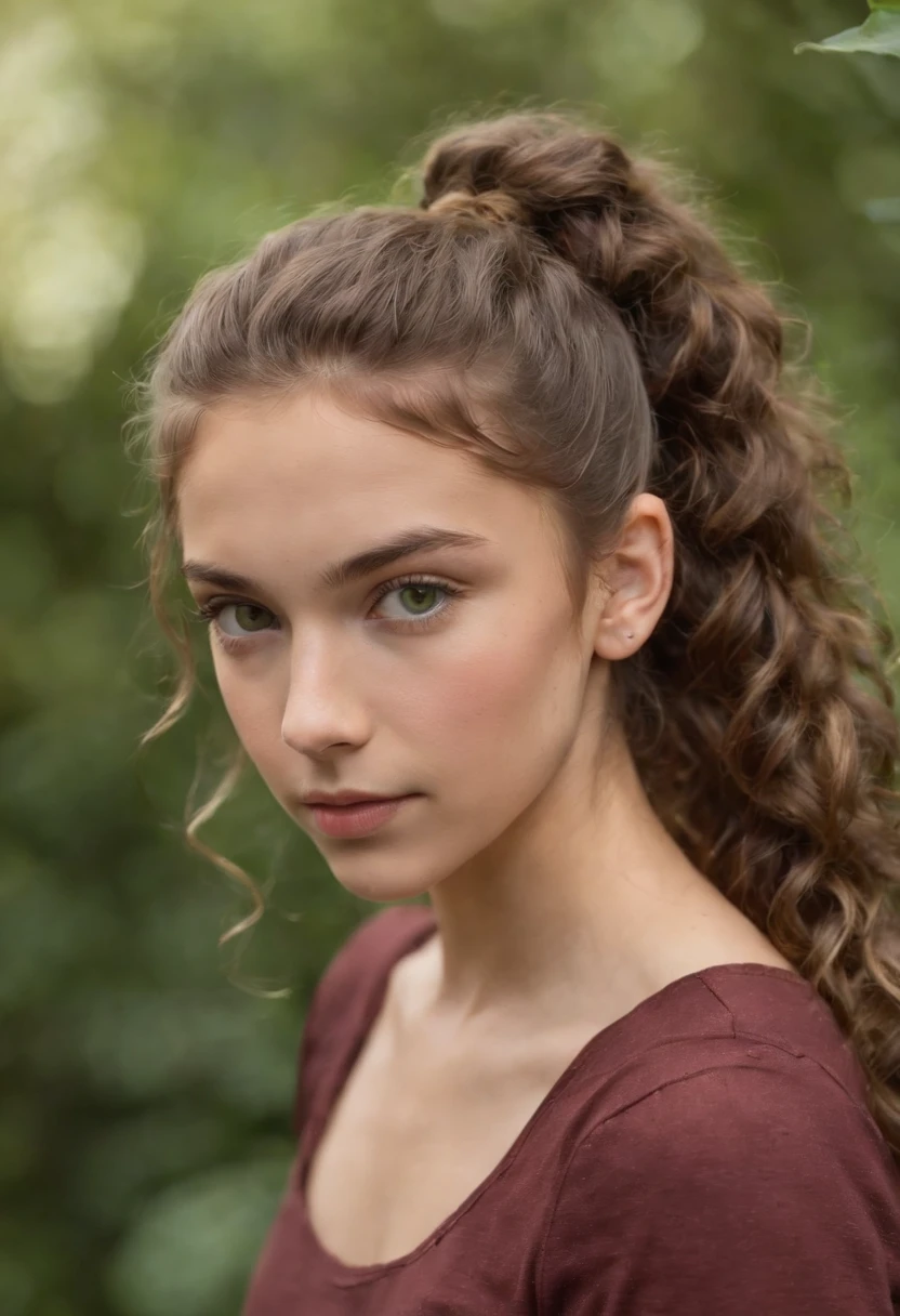 garota de anos que tem um cabelo castanho , Well curly and long he has leaf-green eyes and is wearing a ponytail as a hairstyle