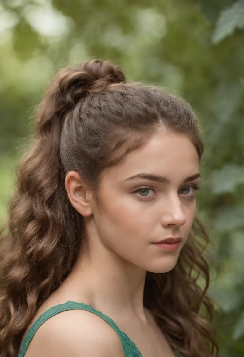 garota de 14 anos que tem um cabelo castanho , Well curly and long he has leaf-green eyes and is wearing a ponytail as a hairstyle