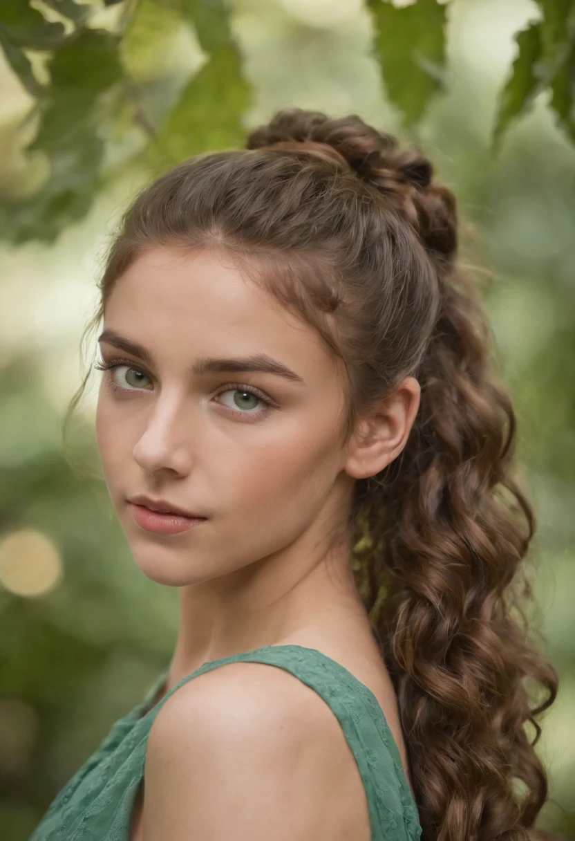 garota de  anos que tem um cabelo castanho , Well curly and long he has leaf-green eyes and is wearing a ponytail as a hairstyle