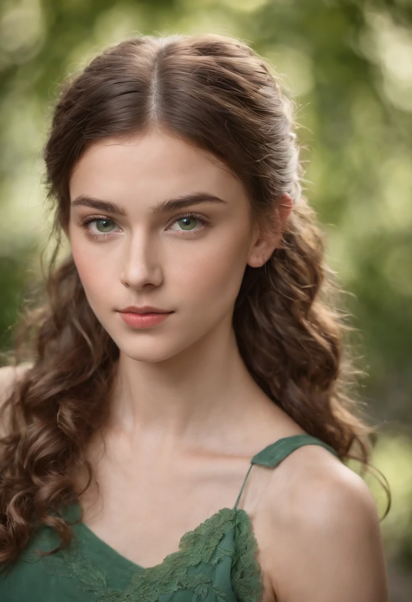 garota de  anos que tem um cabelo castanho , Well curly and long he has leaf-green eyes and is wearing a ponytail as a hairstyle