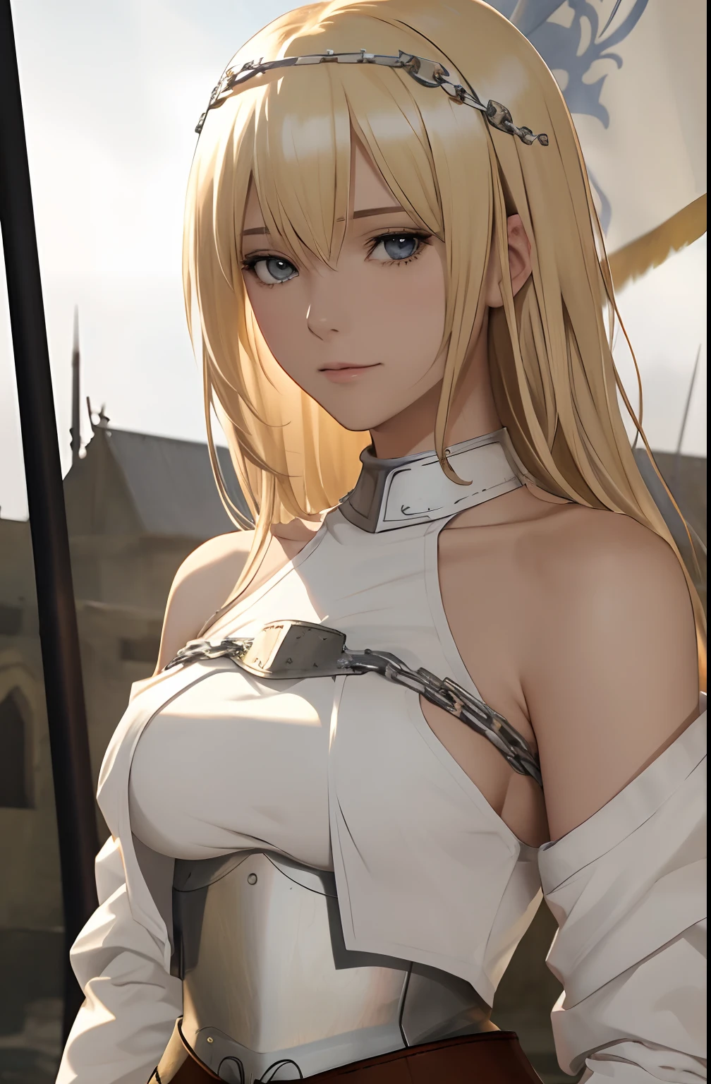 best quality, masterpiece,highly detailed,anime,1girl, adult face, mature face, mature female, mature woman, mature beauty, adult blonde, mature blonde,upper body,(jeanne d'arc),medium breasts,perfect face,blond hair,long hair,(white clothes),(bare shoulder),armored dress,no armor on breasts,breasts covered by white clothes from above,chain,headwear,flag,battlefield in background,depth of field,looking at viewer,cinematic lighting,