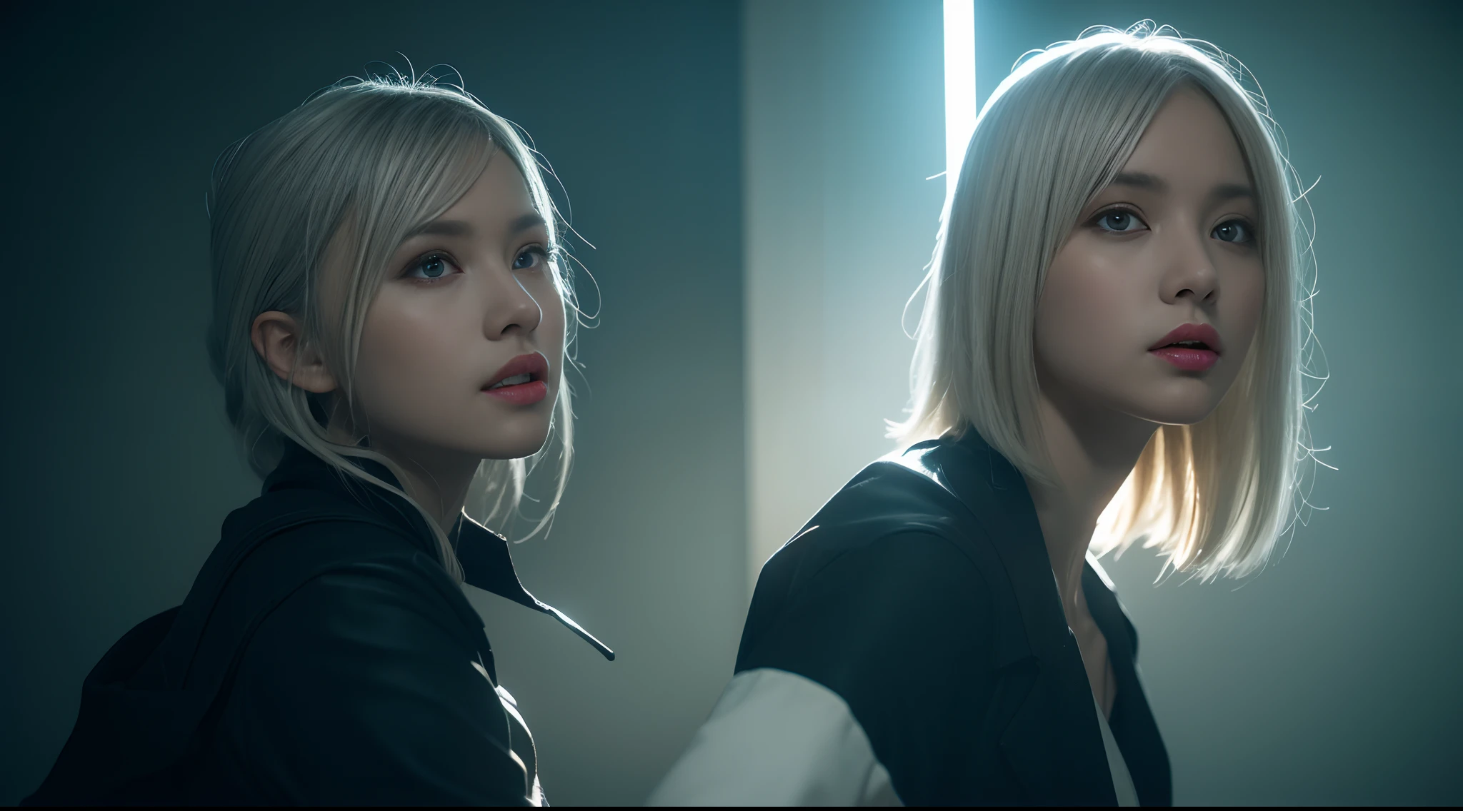 Cowboy shot, dutch angle，From the movie "The Matrix" ，..3d,独奏， Young white-haired girl from Germany,A Beautiful Cyberpunk Style Female Image,HDR（HighDynamicRange）,ray traced,NVIDIA RTX,Hyperresolution,Unreal 5,sub-surface Scattering、PBR Texture、Post-processing、Anisotropic filtering、Depth of field、Maximum clarity and sharpness、Multi-layer Textures、Albedo and Mirror Maps、Surface painting、Accurate simulation of octane rendering of light-material interactions、two tone light、large aperture、Low ISO、White balance、the rule of thirds、8K raw data、black stockings，Cinematic lighting, Ray Tracing, reflection light,  UHD, Best Quality, hiquality, award winning, High Details, Masterpiece, anatomically correct, Textured skin，