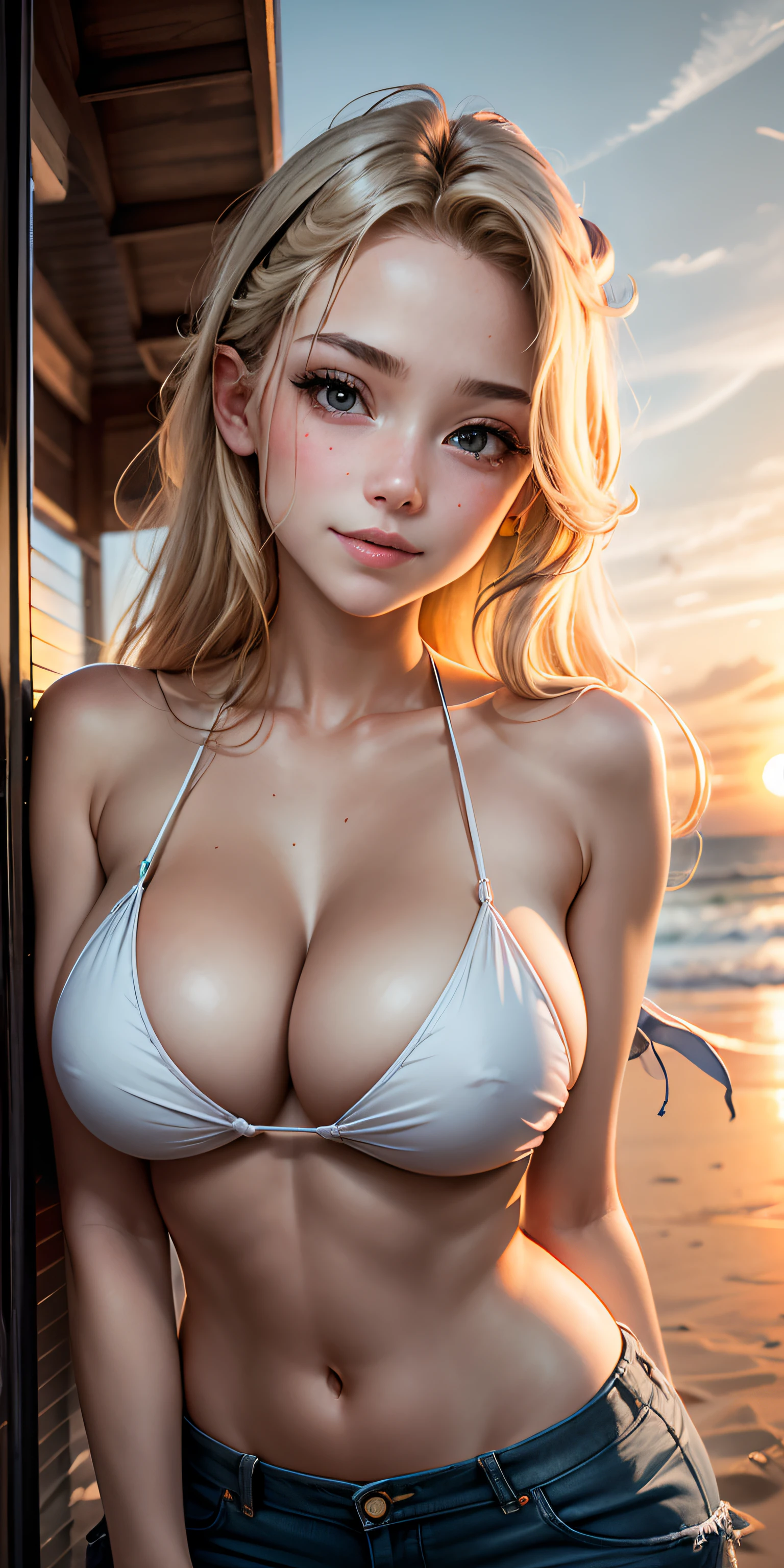 realisticlying， girl，Blondes and shorts，Bikini Wearing，Face Real，Sexy posing on the beach at sunset、Look up from below and make eye contact、smil、Expression of desire、Cleavage emphasis，Opera House，Breasts enlarged，Cleavage emphasis，Extra large zoom on chest，Chest zoom