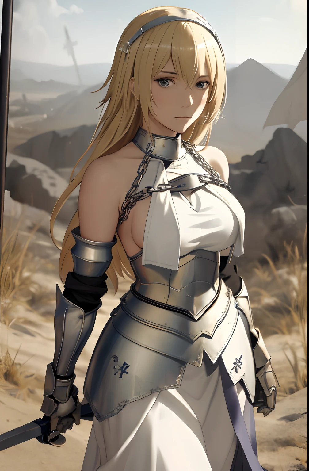 best quality, masterpiece,highly detailed,anime,1girl, adult face, mature face, mature female, mature woman, mature beauty, adult blonde, mature blonde,upper body,(jeanne d'arc),medium breasts,perfect face,blond hair,long hair,(white clothes),(bare shoulder),armored dress,no armor on breasts,breasts covered by white clothes from above,chain,headwear,flag,battlefield in background,depth of field,looking at viewer,cinematic lighting,