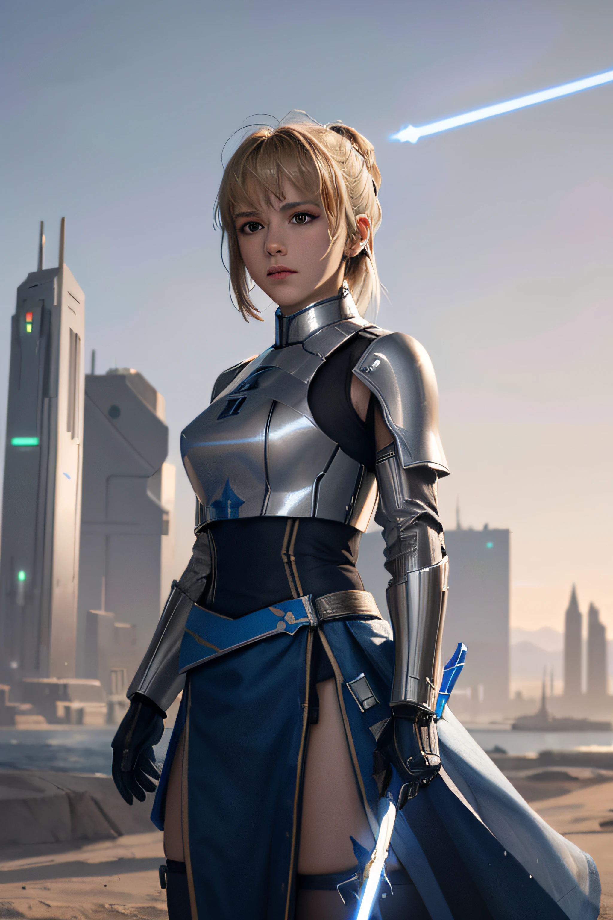 (Saber) as (Jedi), solo, 1girl, masterpiece, photorealistic, best quality, ultra-detailed, high-resolution, 8k, ultra sharp, unity 8k wallpaper, high resolution illustration, science fiction, futuristic cityscape