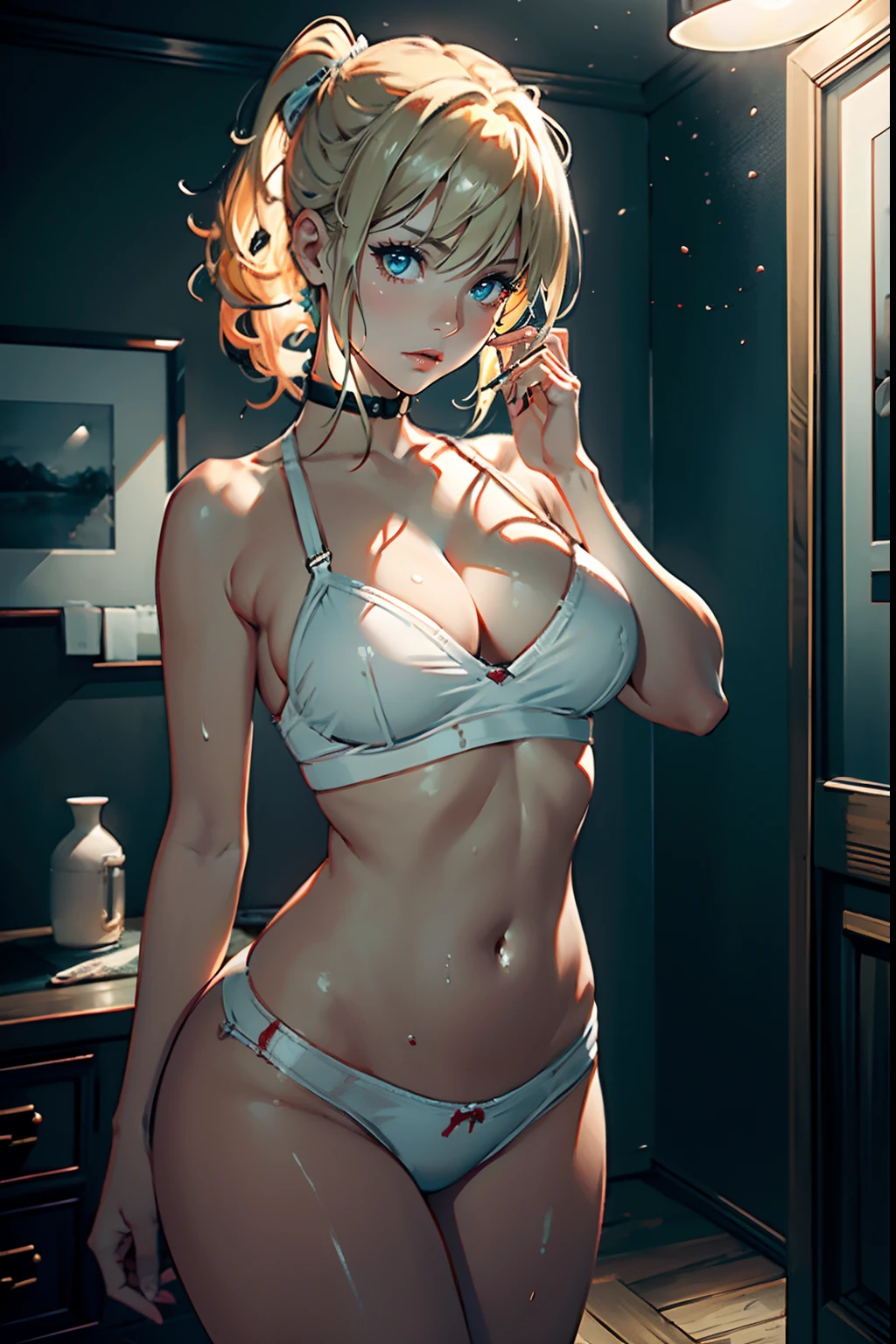 The photo was taken in a red glowing light, with a red scenery. The girl on focus, She is facing the camera. She wears a white bunny outfit, for roleplay porpuses, revealing its curves, she was a white top and white underwear. The outfit is very tight around her waistline, and her shouldes are bare. She is covered in blood, staining all her clothes and she is also drenched in it, with a very grotesque scene clearly visible in the photo. Her hair is blonde and short, with colored streaks, or blonde multicolored hair. She is touching her body, and playing with it, or maybe not. The lighting in the photo is impressive. The girl is illuminated perfectly with volumetric lighting. The rest of the photo is in dim light, with a very complicated background. This creates a sense of pleasure and intrigue. The colors are all vibrant and satisfying to look at. The face is very realistic, and she is very detailed as well, she is appealing to look at. The general mood of the photo is sensual and alluring. The girl is the center of attention of the photo, And its beauty is undeniable. The beautiful setting and dramatic lighting create a sense of hypnosis and excitement. This photograph is a perfect example of professional cinematic photography. It is well lit, well-proportioned, And the theme is absolutely amazing. It is sure to attract the attention of anyone, Who will see it. You could put a ornaments in her hair. Whatever, As a result, the photo will be composed?, It is sure to be a stunning and memorable image.