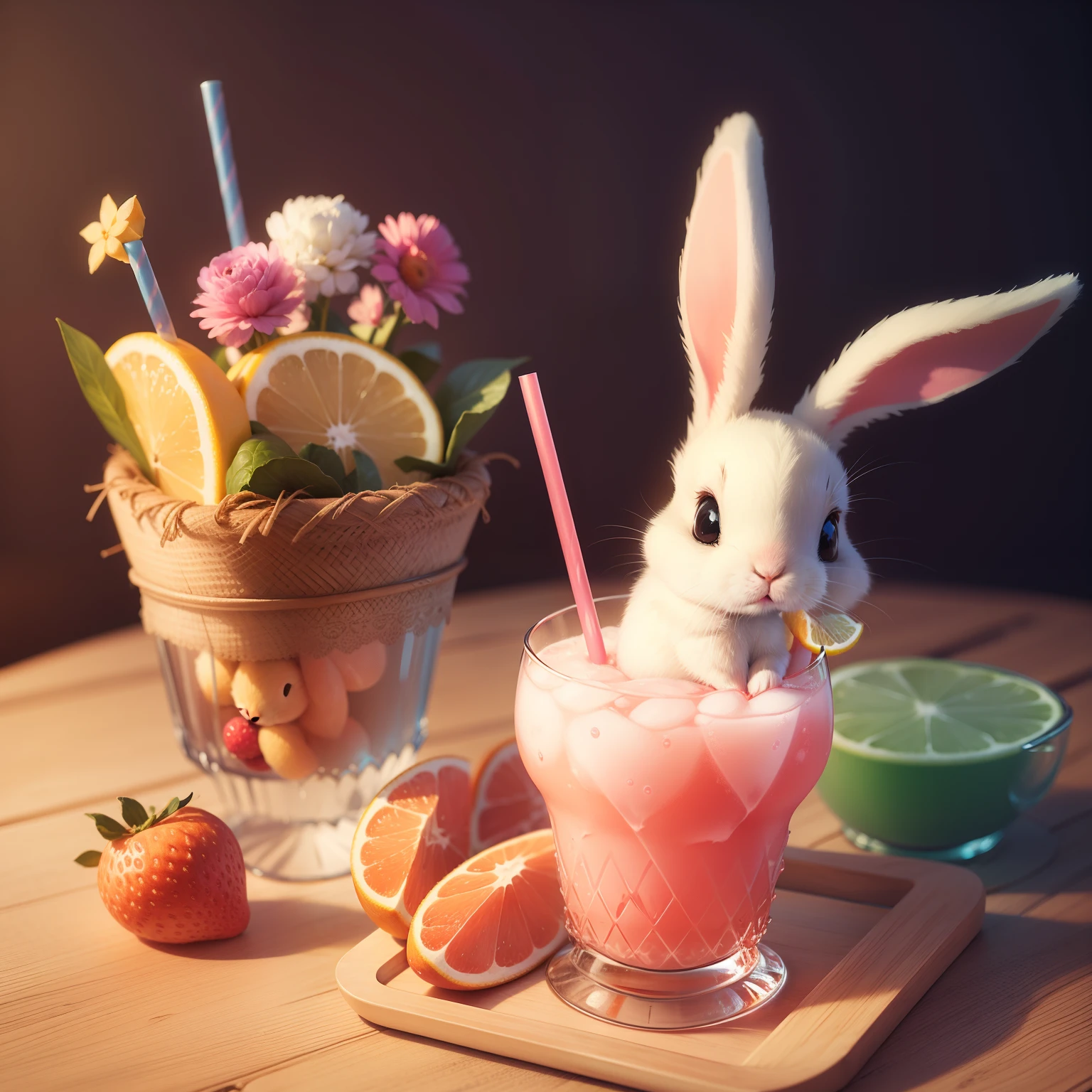 Cute bunny with long ears, drinking fruity cool drink with straw,