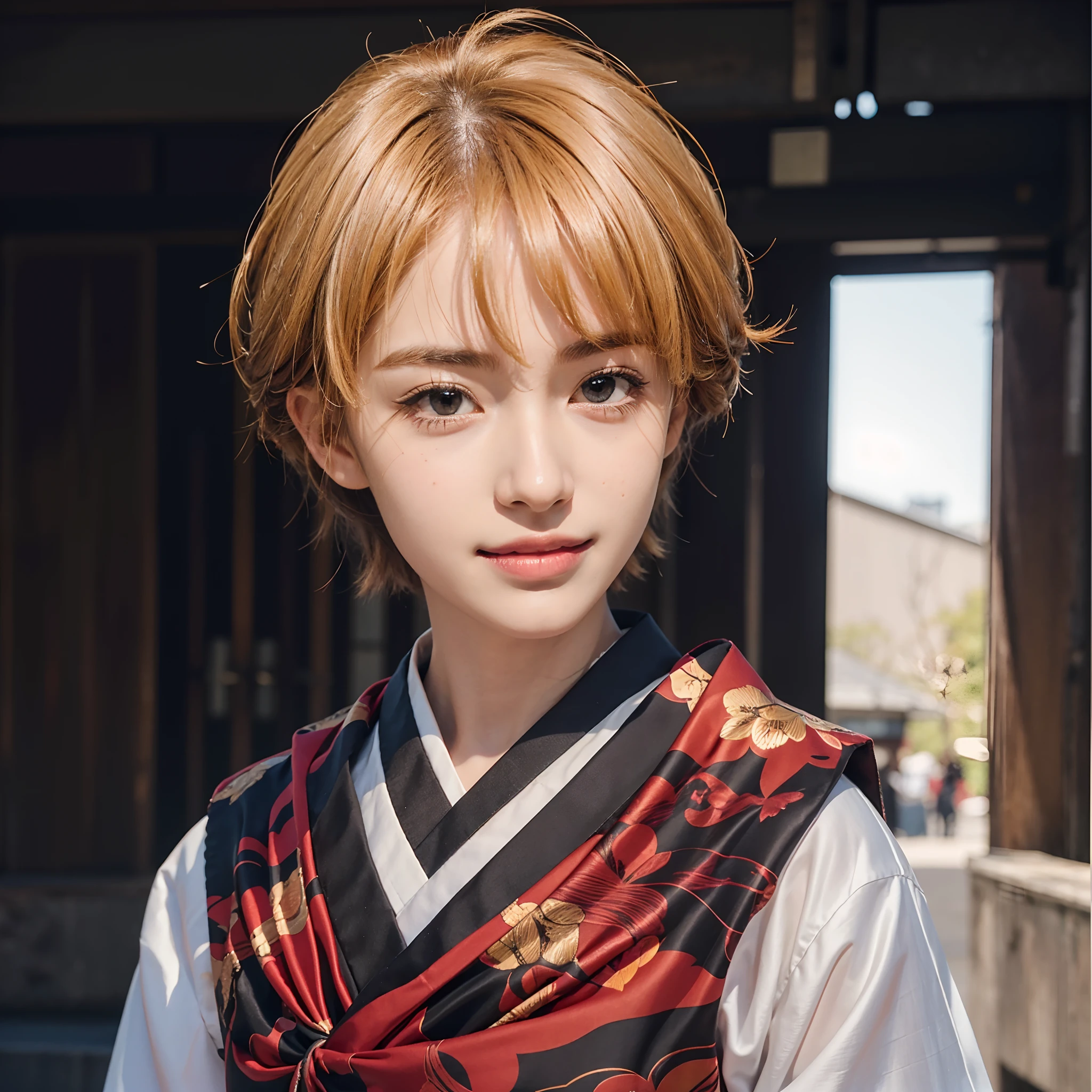 superfine illustration, very detailed beautiful face and eyes, Dynamic Angle, masutepiece,High quality,1 boy, Very short hairstyle, 20-year-old boy in kimono, Body and head straight in the photo, Facing the viewer of the photo, Eyes fixed on the lens, You can see the shoulders and head in the photo, Man in the center of the photo, 8K, Best Quality, masutepiece, Realistic, photos realistic, cinematic photography, A hyper-realistic, 1 person, Perfect Lighting, DSRL, professional photograpy, 4K, lightsmile, Brown eyes, The tips of the hair are orange, I'm by the river, grin