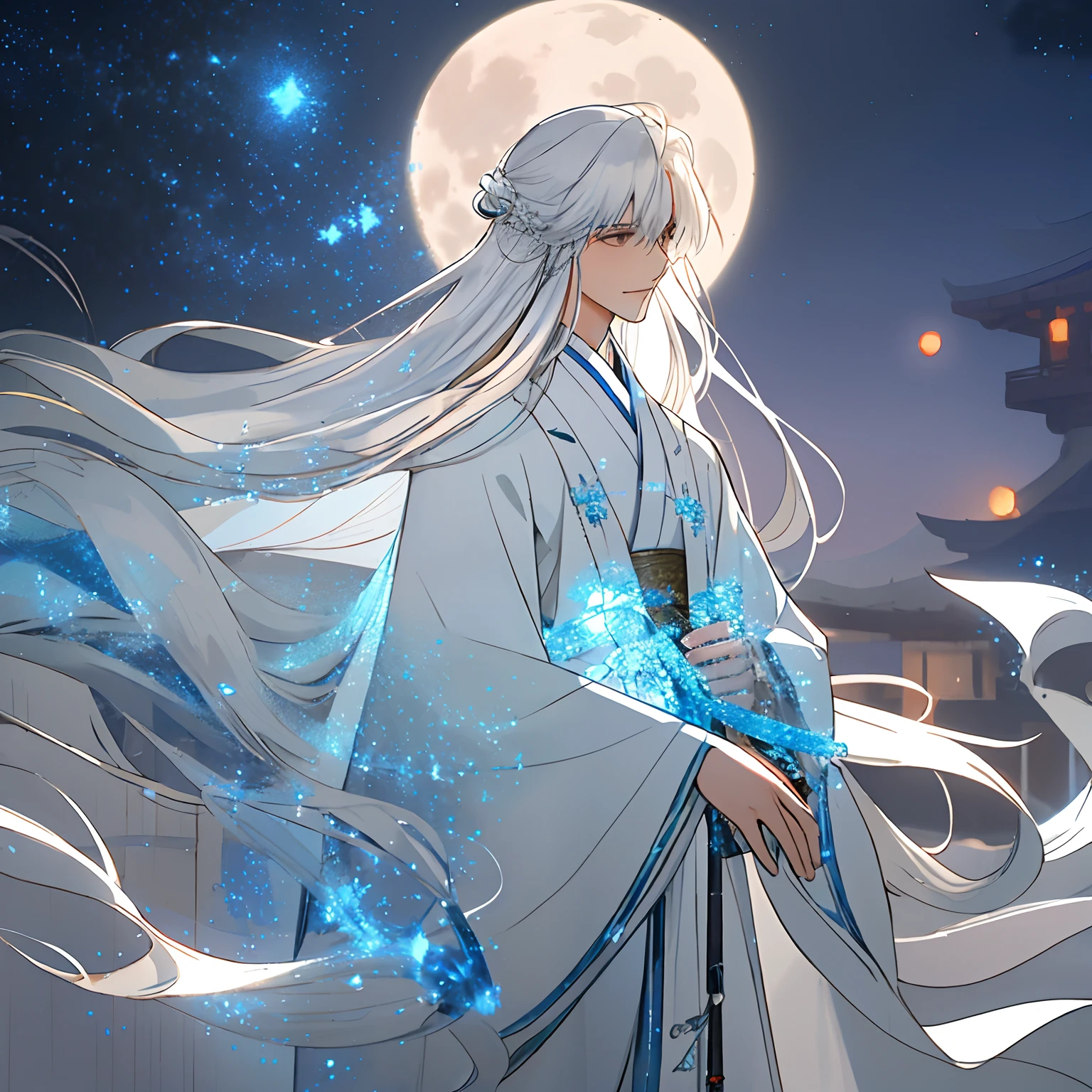 shoun,younge boy,white hanfu,long white hair,Long flowing hair,Wide robe with large sleeves,年轻,young,ancient wind,Solid color clothes,The clothes do not have any patterns,adolable,laughingly,Flood,softlighting,Flat painting style,aquarelle,water ink,Behind it is the full moon,low-saturation,low-contrast,big laughter,Pleasure