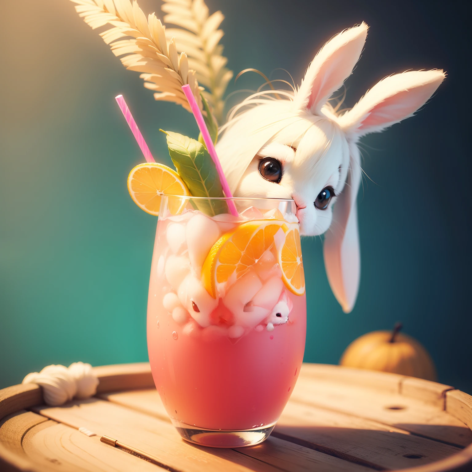 Cute bunny with long ears, drinking fruity cool drink with straw,