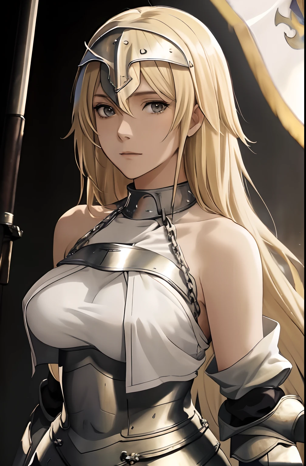 best quality, masterpiece,highly detailed,anime,1girl, adult face, mature face, mature female, mature woman, mature beauty, adult blonde, mature blonde,upper body,(jeanne d'arc),medium breasts,perfect face,blond hair,long hair,(white clothes),(bare shoulder),armored dress,no armor on breasts,breasts covered by white clothes from above,chain,headwear,flag,battlefield in background,depth of field,looking at viewer,cinematic lighting,