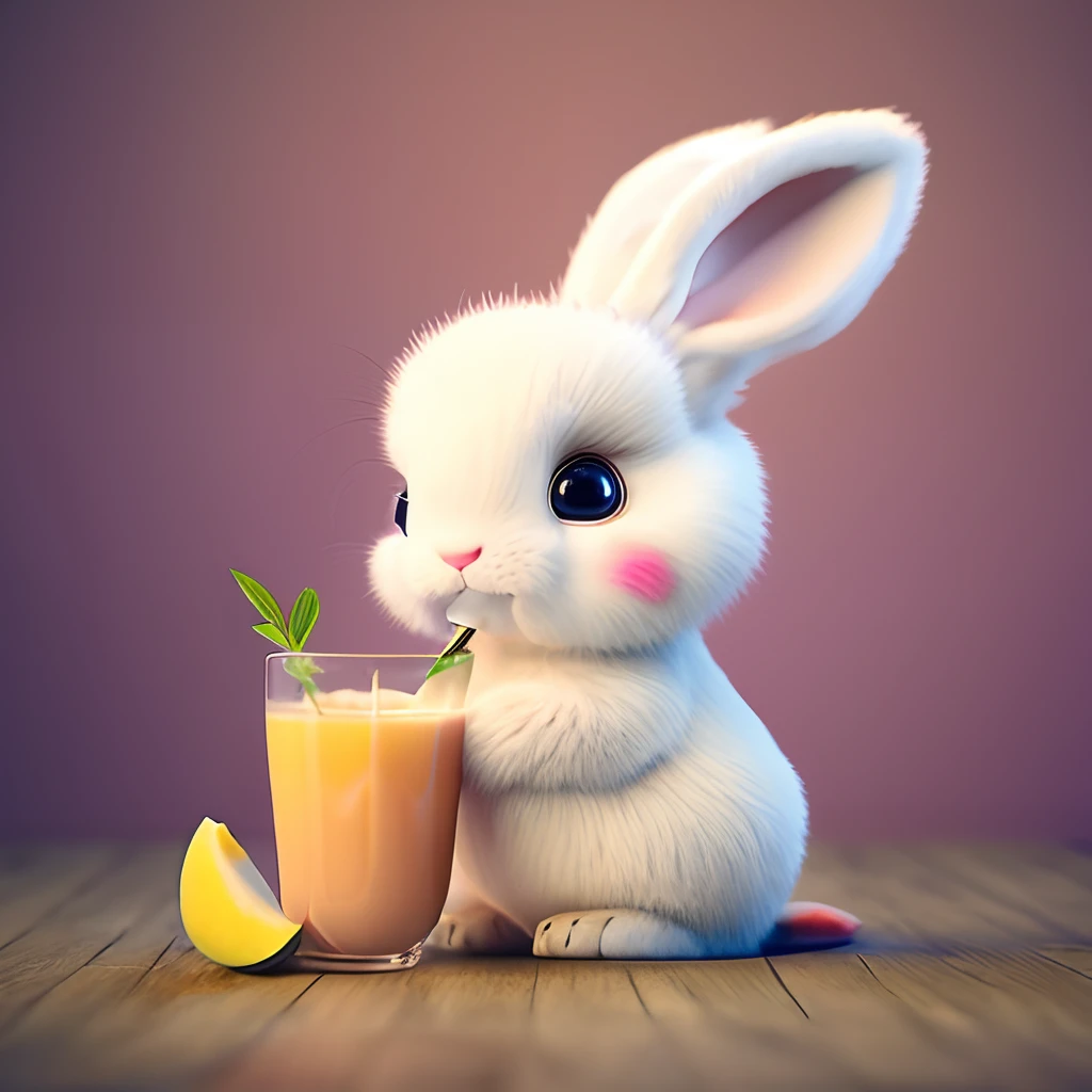 Cute male bunny, drinking fruity mango juice with straw, sitting position