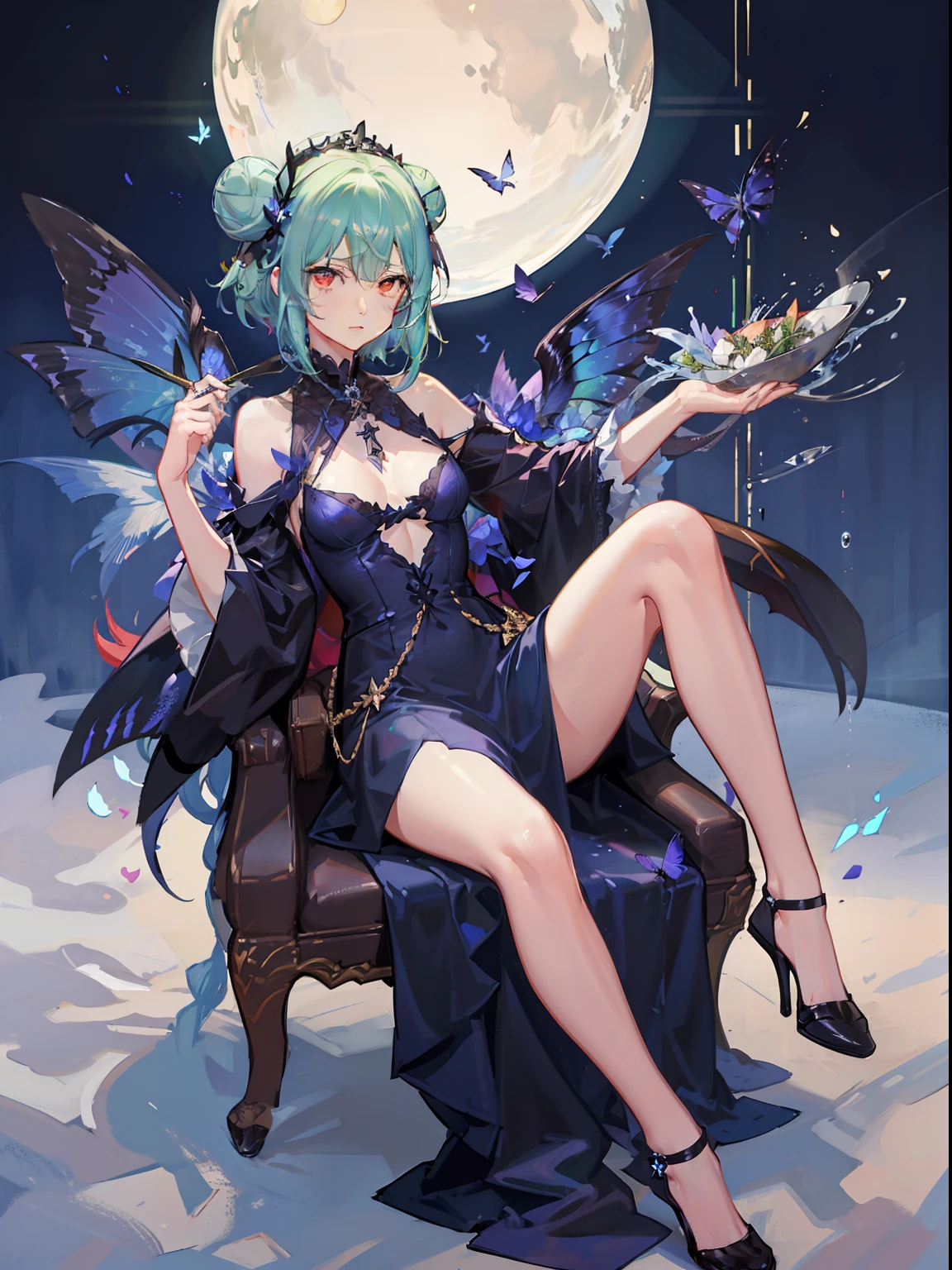 {Moist feather(hololive}}, 1girl, short hair, double bun, {emeraldgreen hair}, {{Red eyes}}、masterpiece、top-quality、{dynamic angle}, flat chest, 小柄、{hatred}、irate、{Deadly}、demon king、a throne、Aura of Darkness、Dark blue dress、demon realm、Blue winged butterfly、