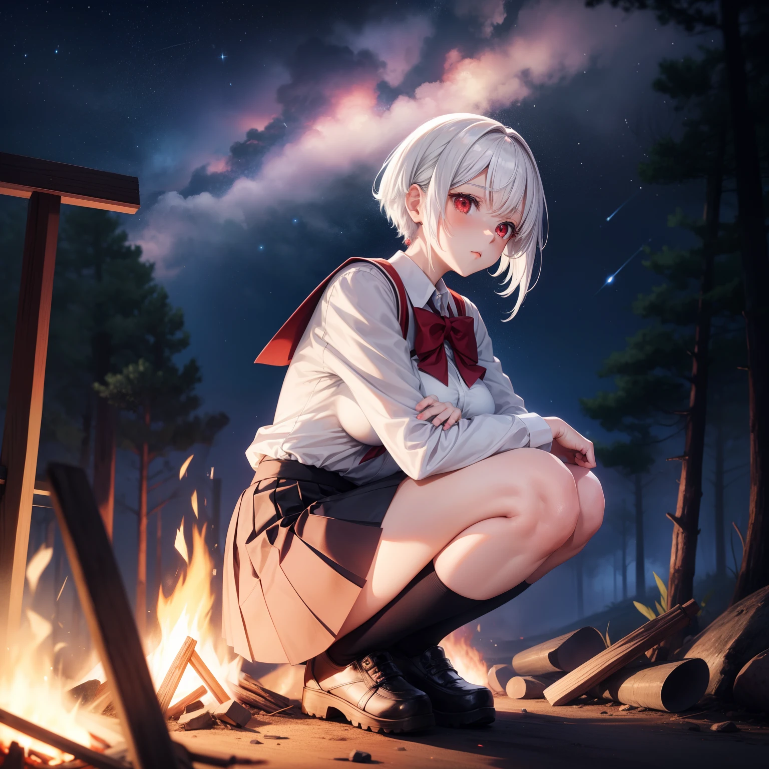 Anime girl, white hair, red eyes, school uniform, short skirt, full body, crouched next to a big campfire, a bit bigger breasts, night sky, 4k, high res,