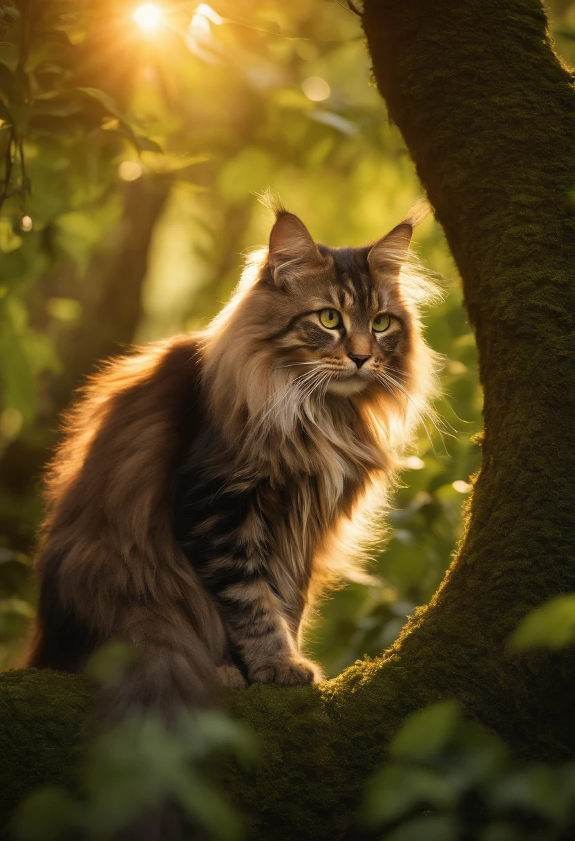 (best quality,high-res,ultra-detailed),Maine Coon cat,in a lush and vibrant forest,with a beam of light filtering through the dense foliage,gothic-inspired banana tree in the foreground,exquisitely detailed and realistic,with intricate and delicate patterns on the leaves and trunk,giving an air of mystery and elegance,branches and vines entwined with the tree,creating a sense of movement and dynamism,creating a visually captivating composition,the cat is sitting majestically on a branch,with piercing green eyes and a regal posture,the sunlight illuminating its majestic fur,with every strand and whisker meticulously rendered,the forest is alive with vibrant colors,from the vivid greens of the leaves to the rich shades of brown and orange of the tree trunk,enhanced by the warm and golden tones of the sunlight,the whole scene bathed in a magical and enchanting atmosphere,capturing the essence of the serene and mysterious beauty of the forest.